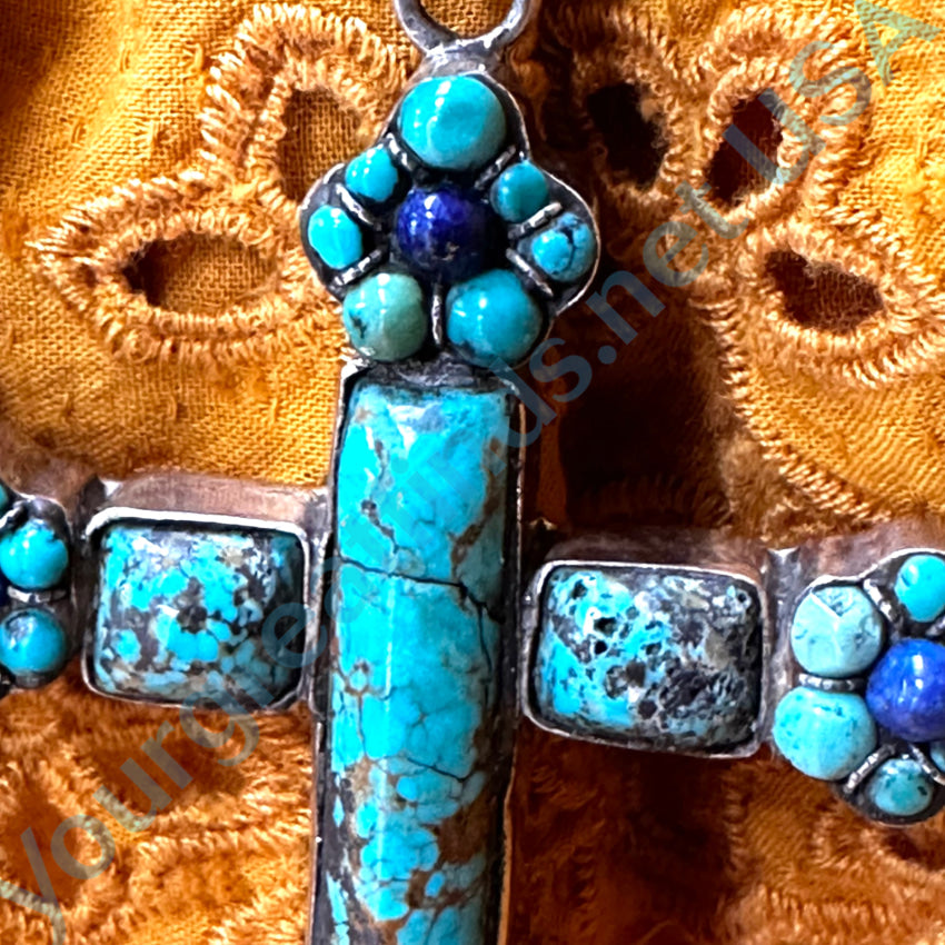 Large Chunky Sterling Silver Turquoise Lapis Cross Necklace for Women - Handmade Boho Jewelry, Perfect for Gifts, Parties & Everyday Wear