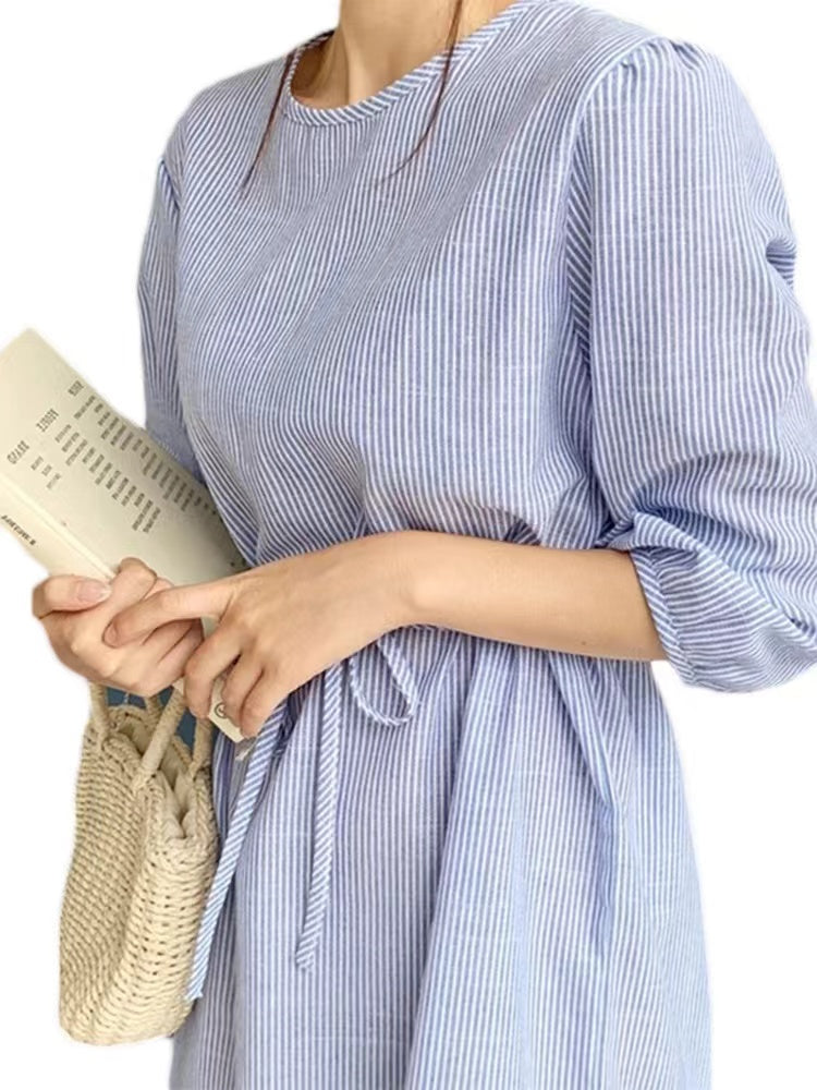 Lovevop Women's Casual Strappy Pinstripe Slit Waist Dress - Summer Beach Party, Date Night & Office Wear