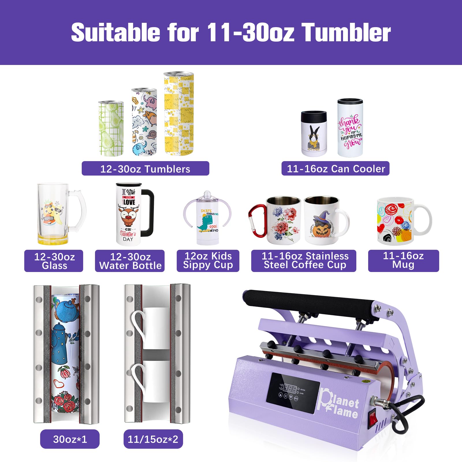 2-in-1 Heat Press Machine for Tumbler & Hat - Sublimation Printing for 11oz-30oz Cups & All Caps - Includes Heat Resistant Gloves & High Temp Tape (Purple) - Perfect for DIY Custom Drinkware & Fashion Accessories at Home or Small Business