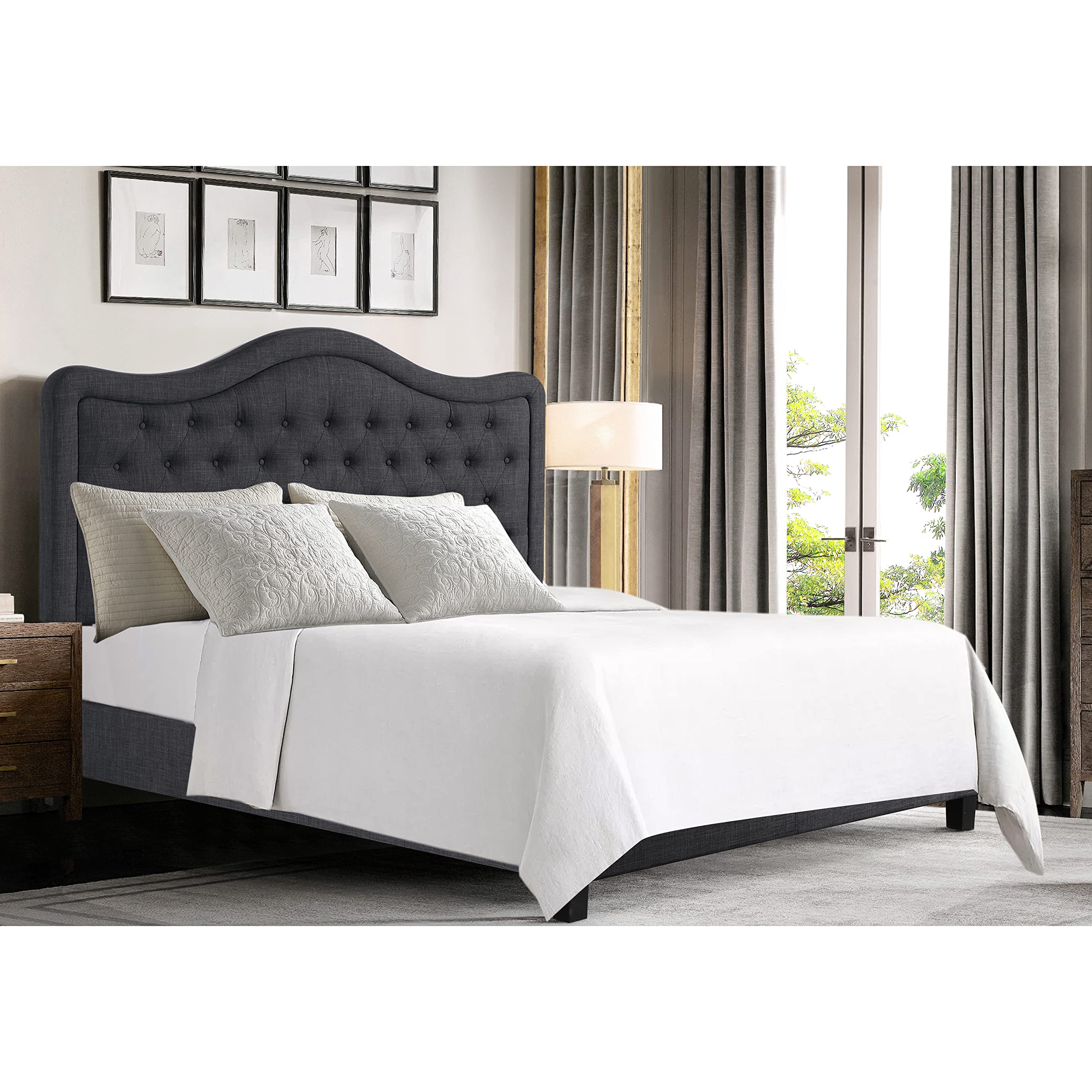 Rosevera Grayson Adjustable Upholstered Headboard Bed - Queen Size with Button Tufting & Premium Polyester Fabric - Perfect for Master Bedroom, Guest Room or Apartment Decor