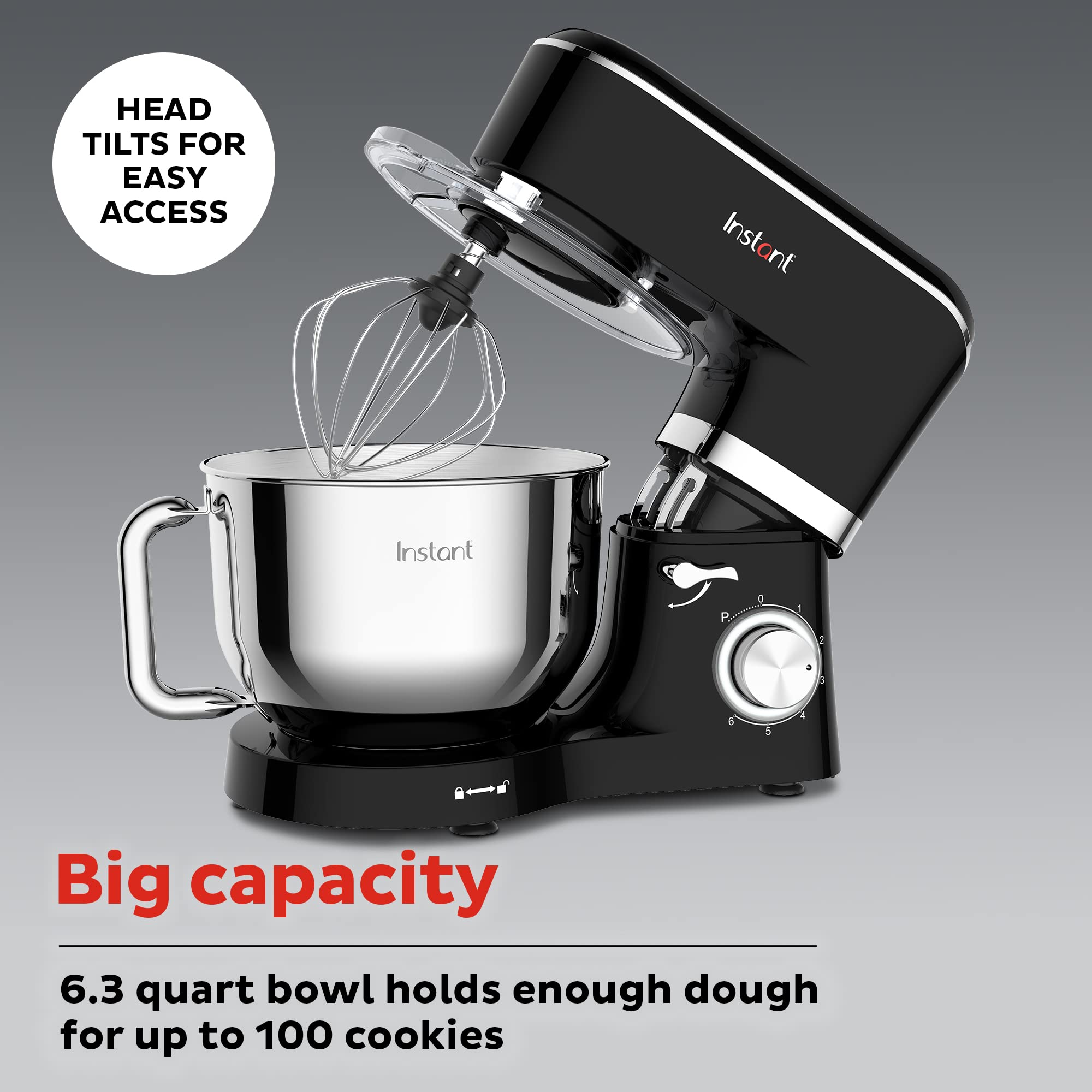 Instant Pot 6-Speed 6.3-Quart Stand Mixer with Stainless Steel Bowl - Perfect for Baking Cakes, Cookies & Bread Dough | Electric Kitchen Mixer for Home Bakers & Cooking Enthusiasts
