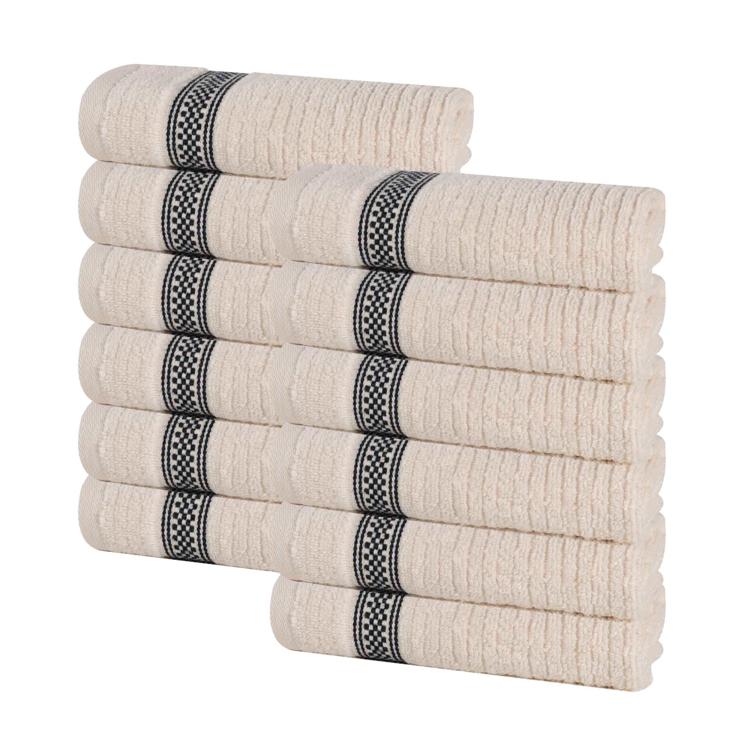 12-Pack Zero Twist Cotton Ribbed Geometric Border Plush Face Towels | Ultra Soft Bath & Hand Towels for Spa, Gym, Travel & Home Use