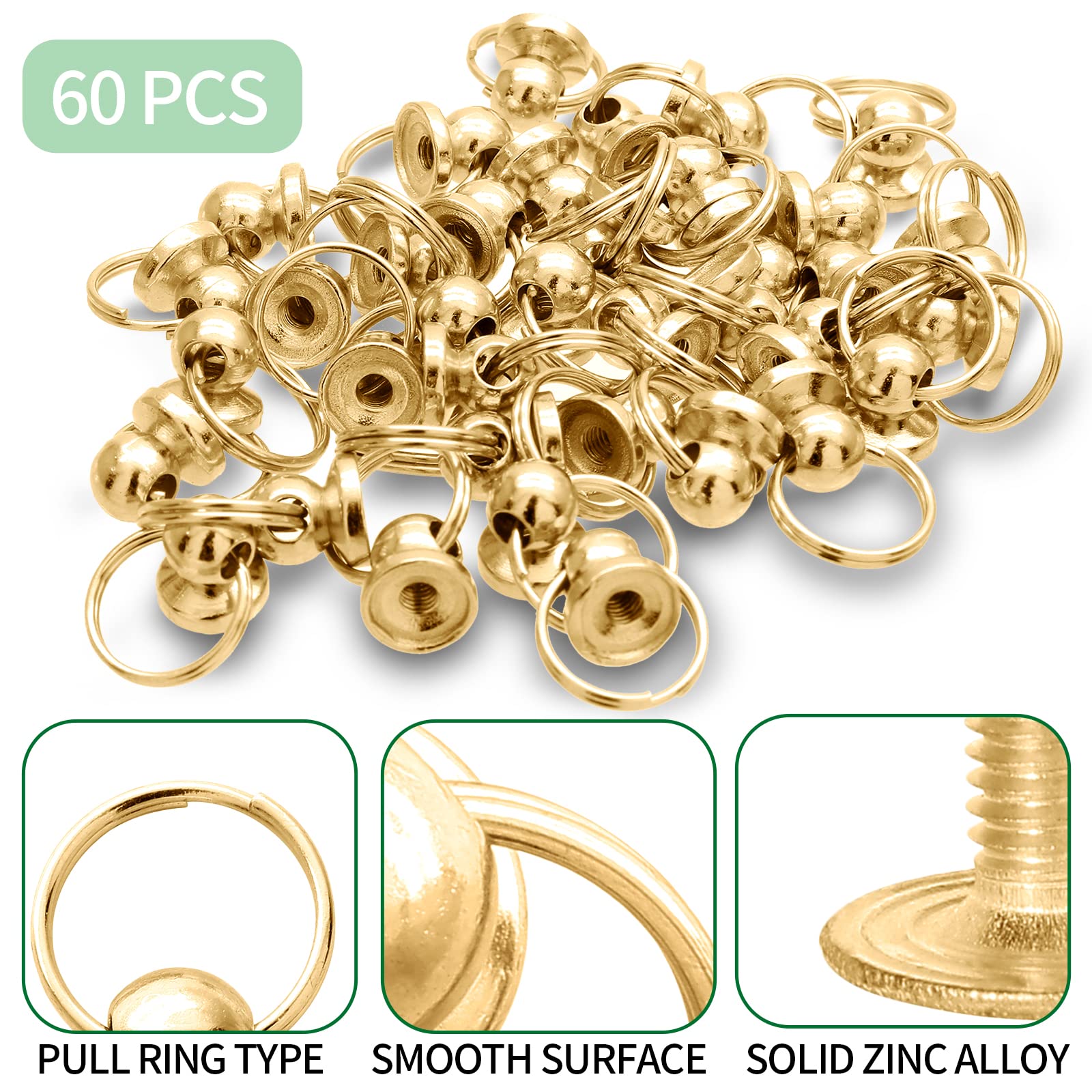 60Pcs Gold Screwback Round Head Rivet 8mm with Pull Ring - DIY Leather Craft Accessories for Purse, Handbag, Phone Case & Clothing | Perfect for Leatherworking, Fashion Design and DIY Projects