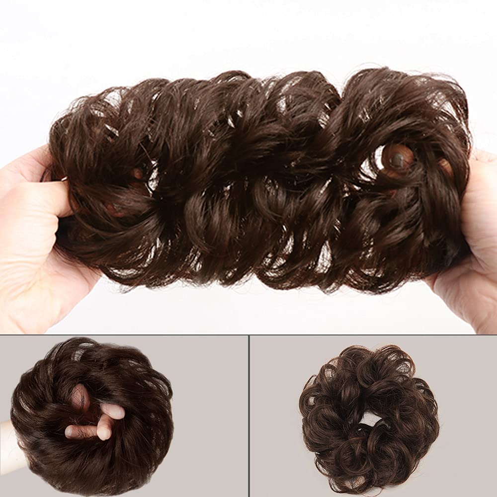 HOJI Messy Bun Hair Piece - 1PCS Tousled Updo Hair Extension | Curly Wavy Ponytail Hairpieces for Women & Girls | Synthetic Hair Scrunchies with Elastic Band (Brown) | Perfect for Parties, Weddings & Everyday Styling