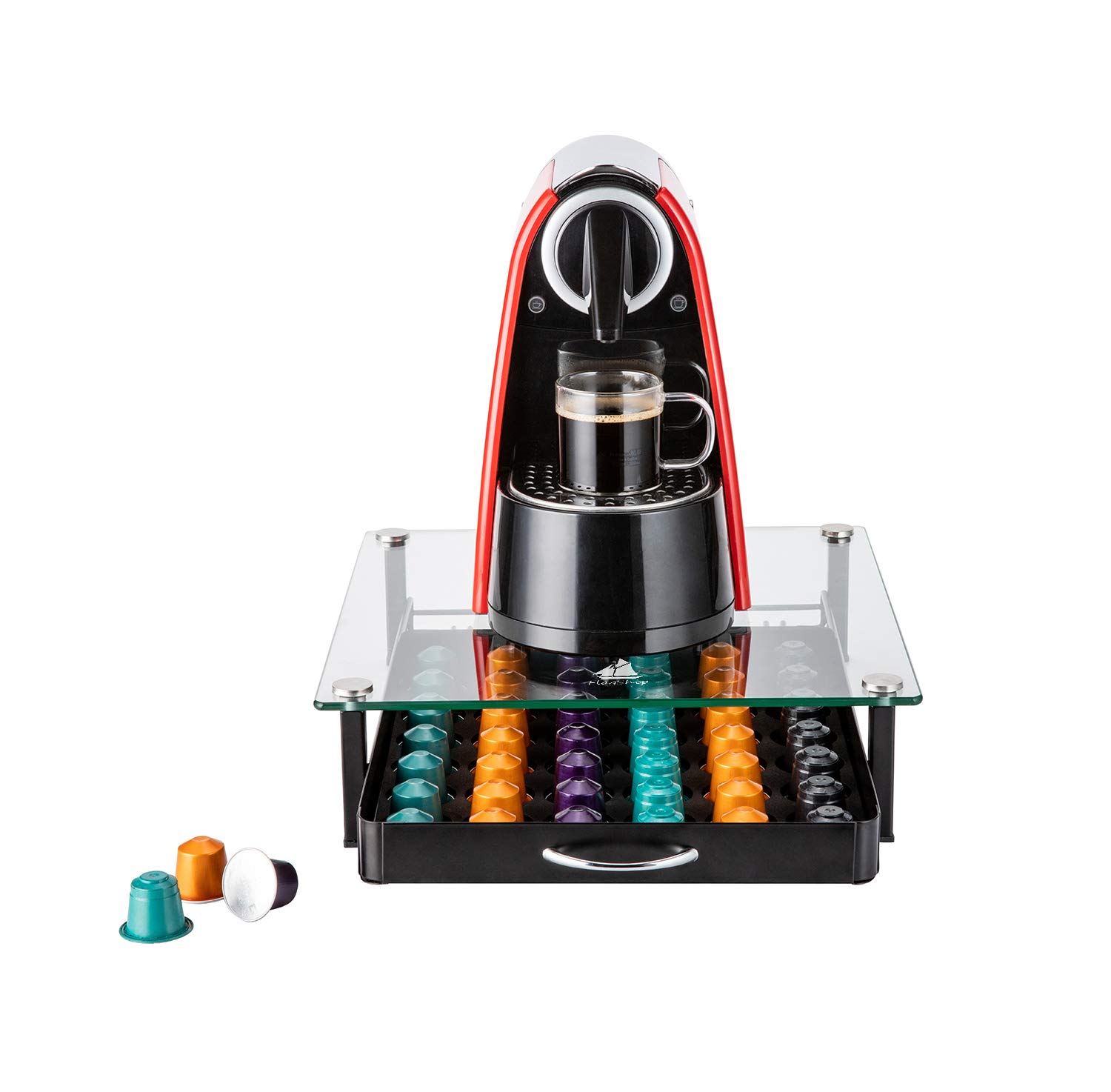 Premium Nespresso Capsule Holder Drawer - Holds 42 OriginalLine Pods | Glass Storage Organizer for Coffee Capsules | Perfect for Kitchen Countertop & Office Coffee Station
