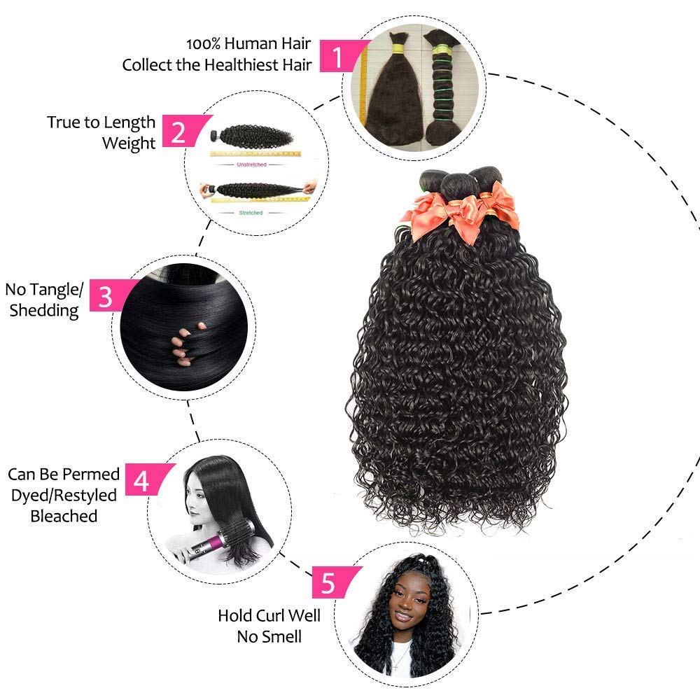 10A Grade Water Wave Human Hair Bundles - 4 Pcs Brazilian Deep Curly Wet & Wavy Hair Extensions (20/22/24/26 Inch) - Natural Black Color for Stunning Hairstyles | Perfect for Daily Wear, Parties & Special Occasions
