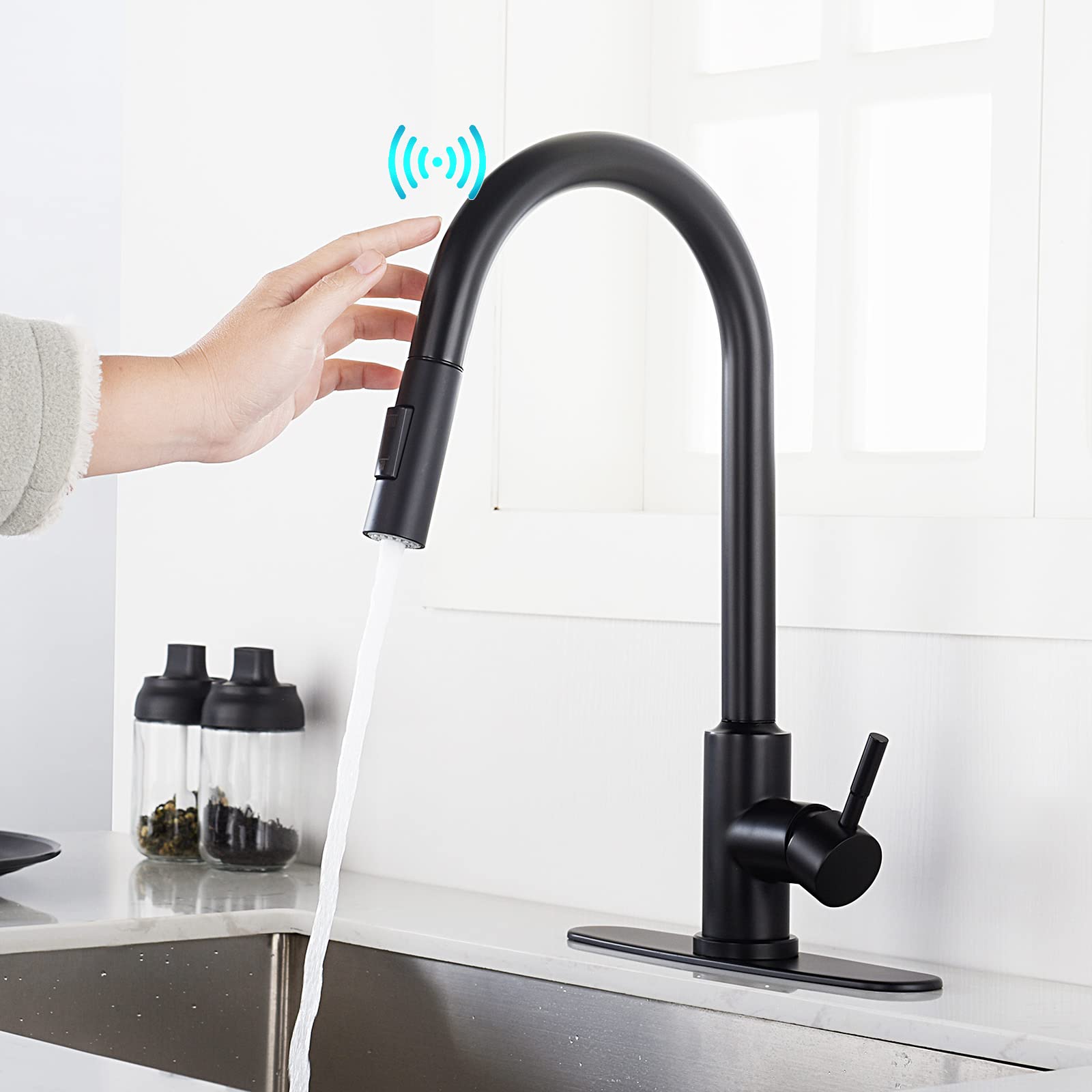 High Arc Pull Down Sprayer Kitchen Faucet - Brushed Nickel Stainless Steel Single Handle Touch Control Sink Faucet for Modern Kitchens | Single Hole Deck Mount, Matte Black Finish | Perfect for Washing Dishes, Filling Pots & Cleaning Large Cookware