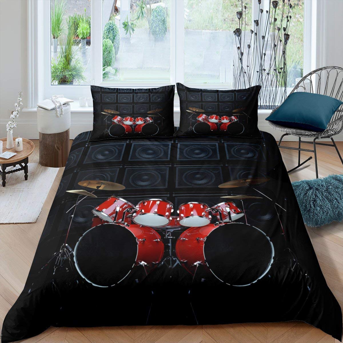 Rock Music Drum Kit Duvet Cover Twin Size - Cool Hip Hop Grunge Bedding Set for Kids, Teens & Adults - Black & Red Musical Instrument Comforter Cover for Boys & Girls - Perfect for Bedroom Decor, Music Lover Gifts & Themed Room Design