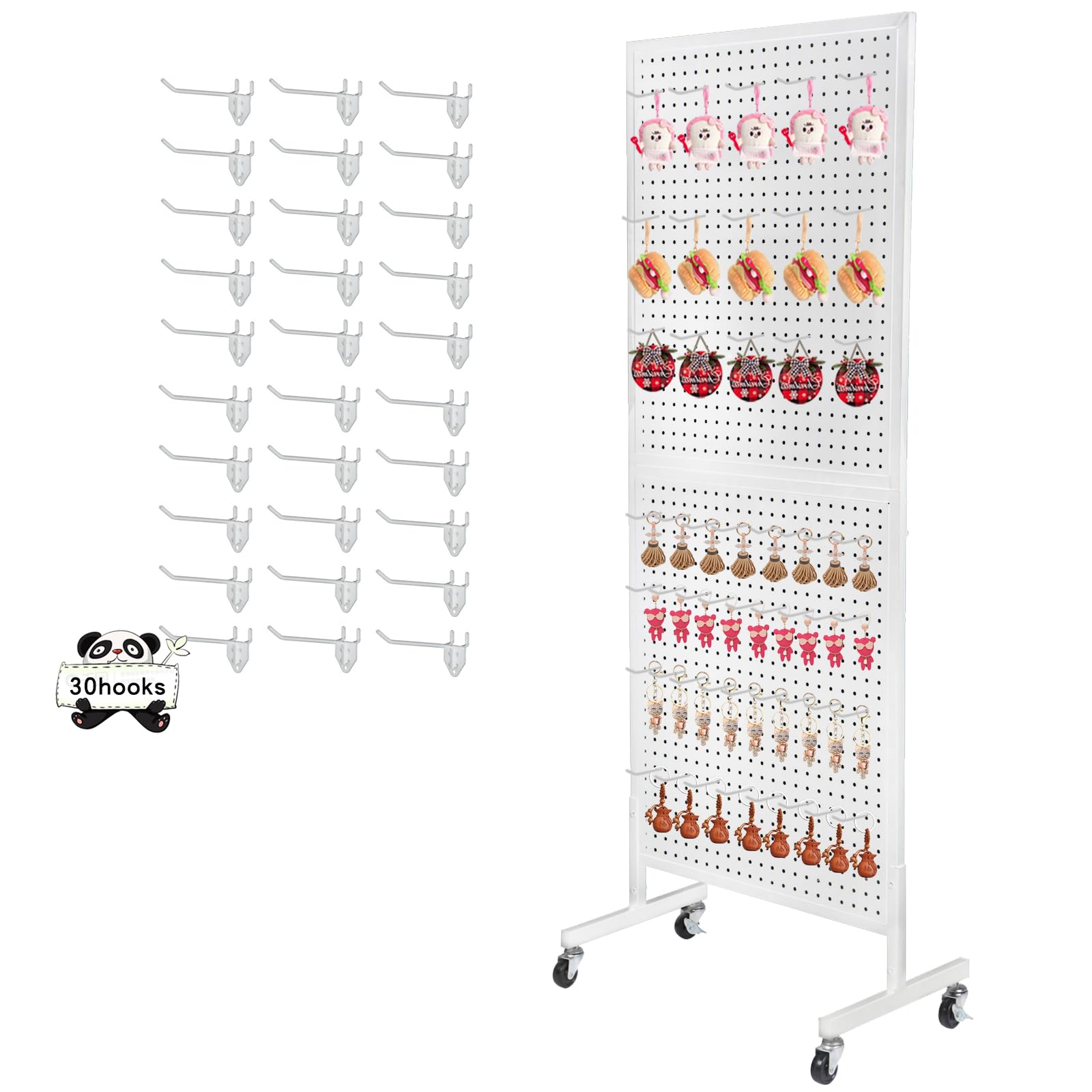 2'x5' Metal Pegboard Display Stand with 30 Hooks & Wheels - White | Wall Mount or Freestanding Retail Display Rack for Store Organization, Workshop Tools & Home Garage Storage