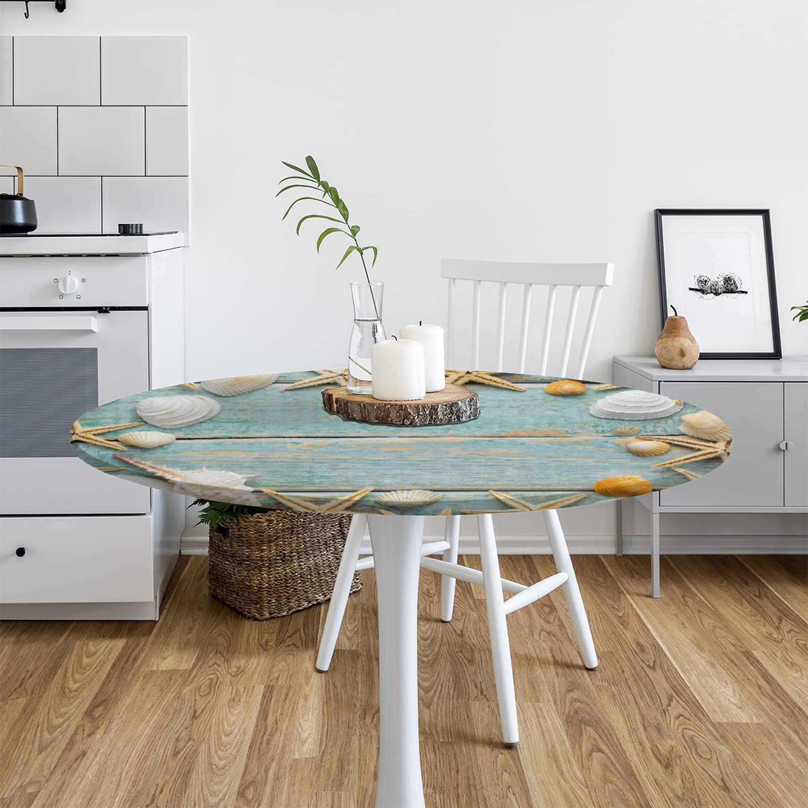 Beach Wooden Starfish Round Tablecloth with Elastic Edge - Summer Ocean Seashells Fitted Table Cover for Dining, Kitchen, Party (45