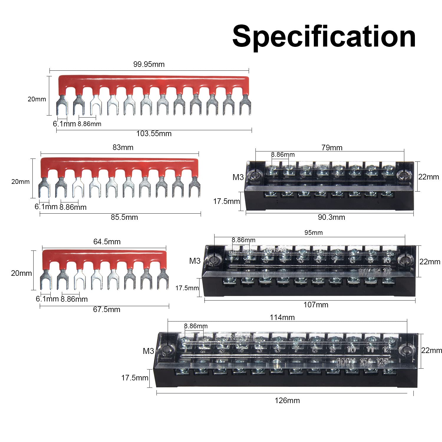MILAPEAK 600V 15A Dual Row Screw Terminal Block and Strip - 6 Sets with 8/10/12 Positions, Cover, Pre-Insulated Terminals, Barrier Strips, Jumpers & Fork Connectors | Electrical Wiring, DIY Projects, Home & Industrial Use