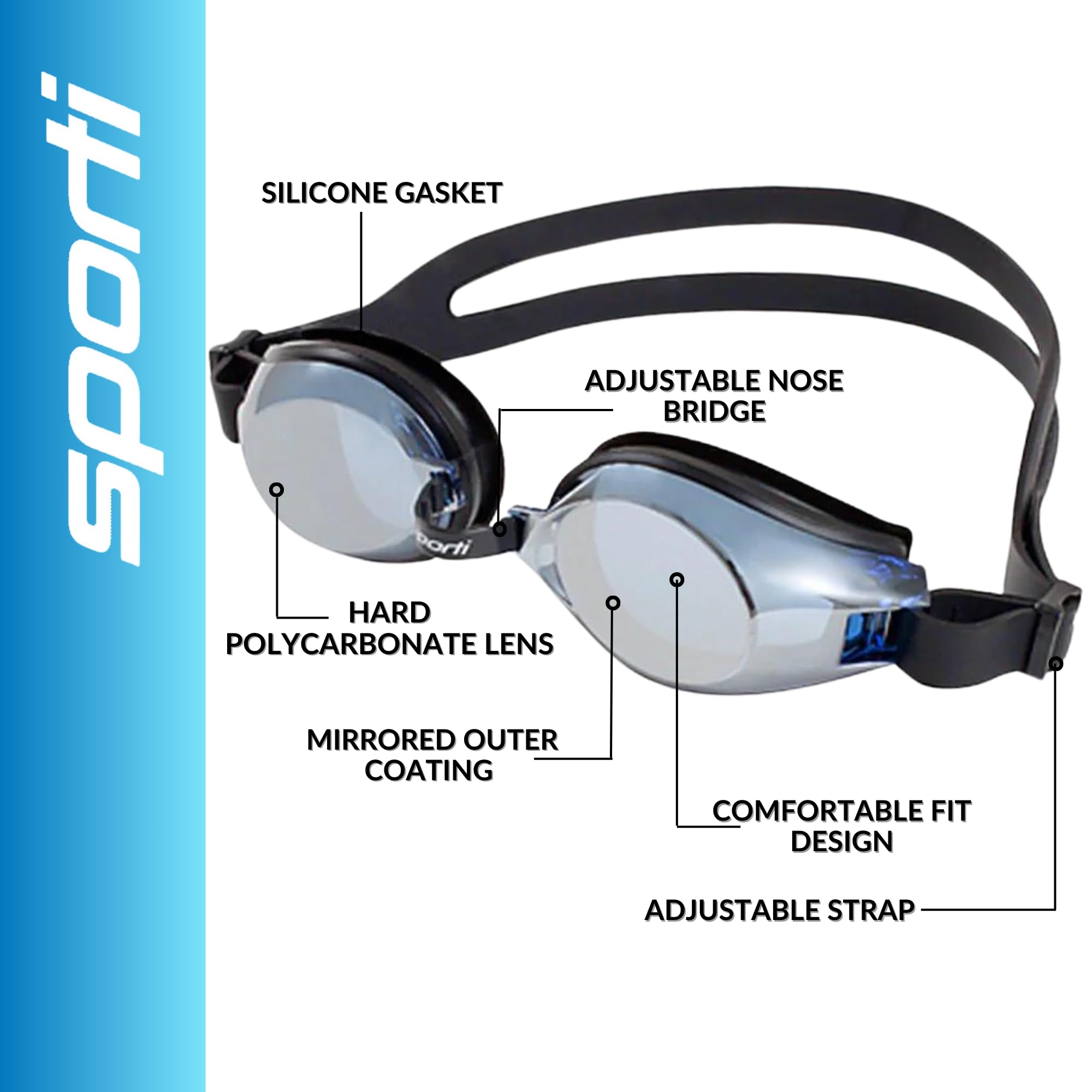 Sporti Unisex Adult Swimming Goggles - Anti-Fog, UV Protection, Shatter-Resistant Swim Goggles for Men & Women (Mirror/Non-Mirror Lens) | Perfect for Lap Swimming, Triathlon Training & Water Sports