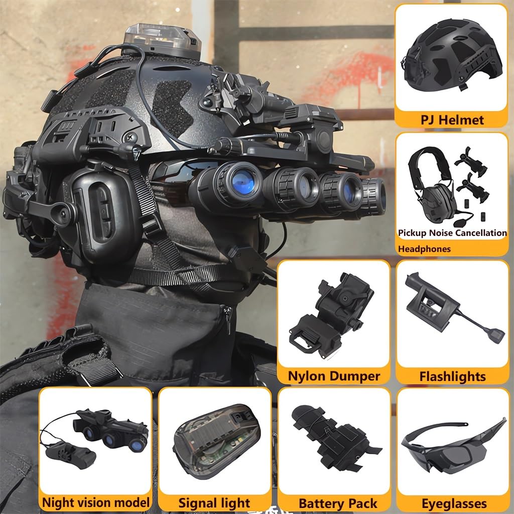 Tactical Airsoft Fast Helmet Set - Military Style Paintball & Hunting Gear with Headset, Goggles & Telescope (Black) - Perfect for Outdoor Games, Cosplay & Halloween Costumes