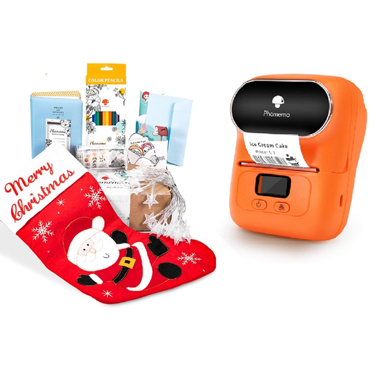 Phomemo M110 Portable Label Maker Printer with Christmas Gift Set - Includes 6 Gifts (Gift Card, Star Lights, Photo Album, Christmas Stocking, Stickers) - Orange - Perfect for Holiday Gifting, Home Organization & DIY Crafting
