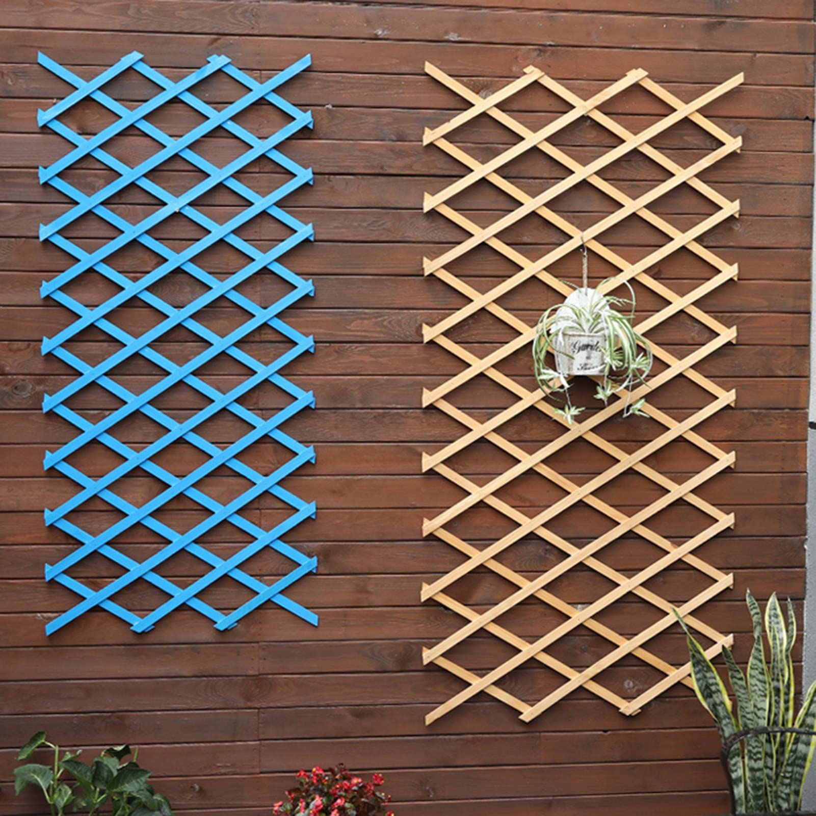 Wall Mounted Grid Climbing Rattan Pergola - Solid Wood Expandable Garden Fence for Patio, Lawn & Outdoor Decor - Blue 180x106cm - Perfect for Vine Plants, Privacy Screening & Backyard Landscaping
