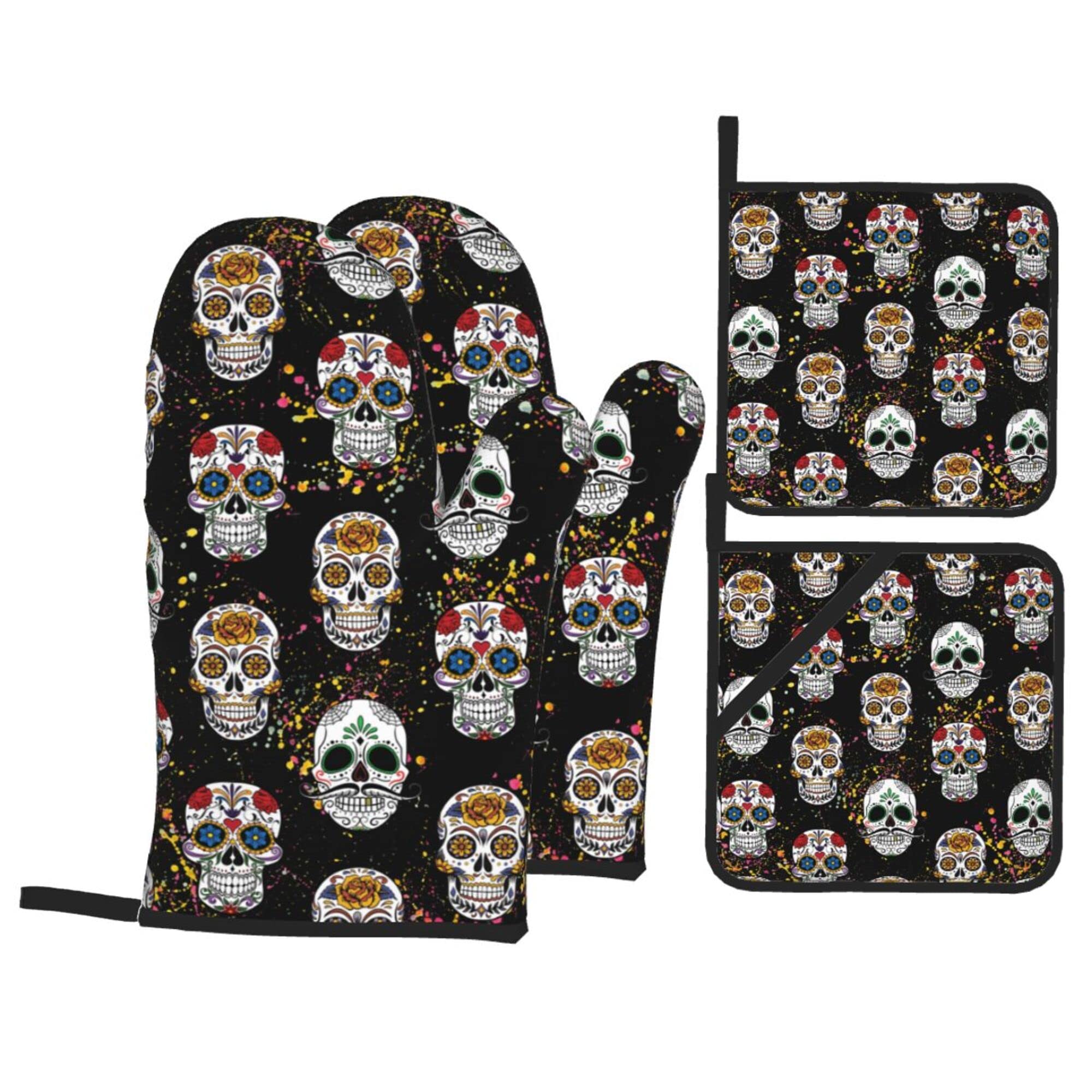 Day of The Dead Sugar Skull 4-Piece Oven Mitts and Pot Holders Set - Soft Quilted Cotton Lining for Cooking, Baking & Grilling - Durable Kitchen Utensils - Perfect for Halloween, Mexican Decor & Themed Parties