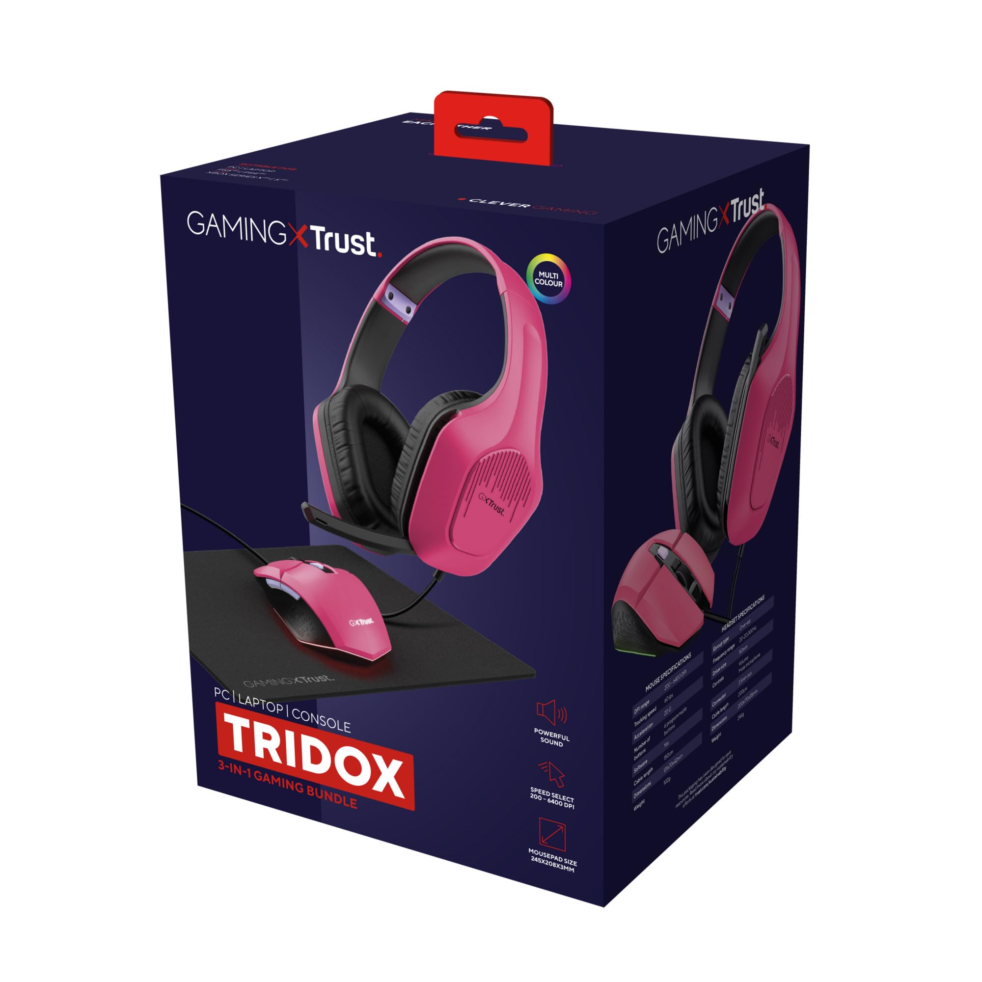 Trust Gaming GXT 790P Tridox 3-in-1 Gaming PC Bundle - Lightweight Headset with 50mm Drivers, Programmable Wired Mouse (200-6400 DPI), Mouse Pad - Complete Gaming Set for Computer, Laptop & Desktop (Pink) - Perfect for Esports, Streaming & Competitive Gaming