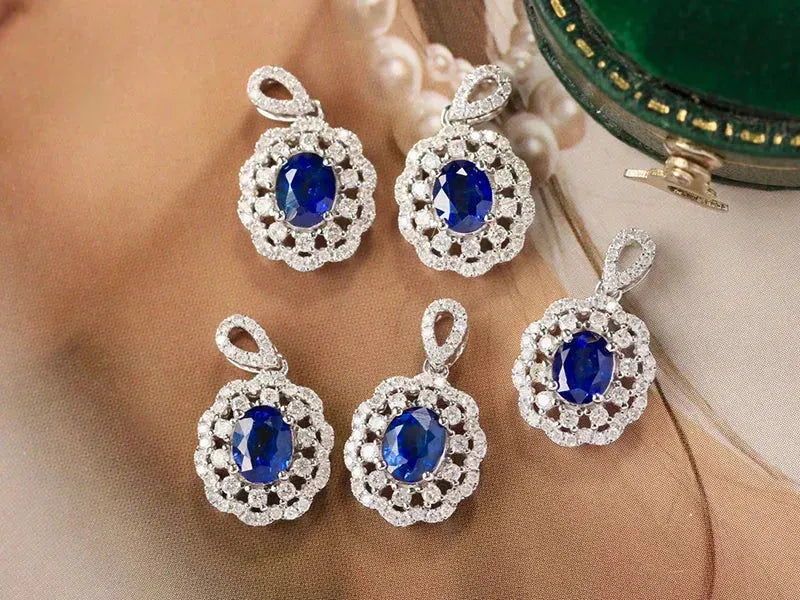 18K White Gold Pendant for Women with Natural Blue Sapphire & Shiny Diamonds - Romantic Embroidery Ball Design Wedding Jewelry Gift for Brides, Anniversaries & Special Occasions