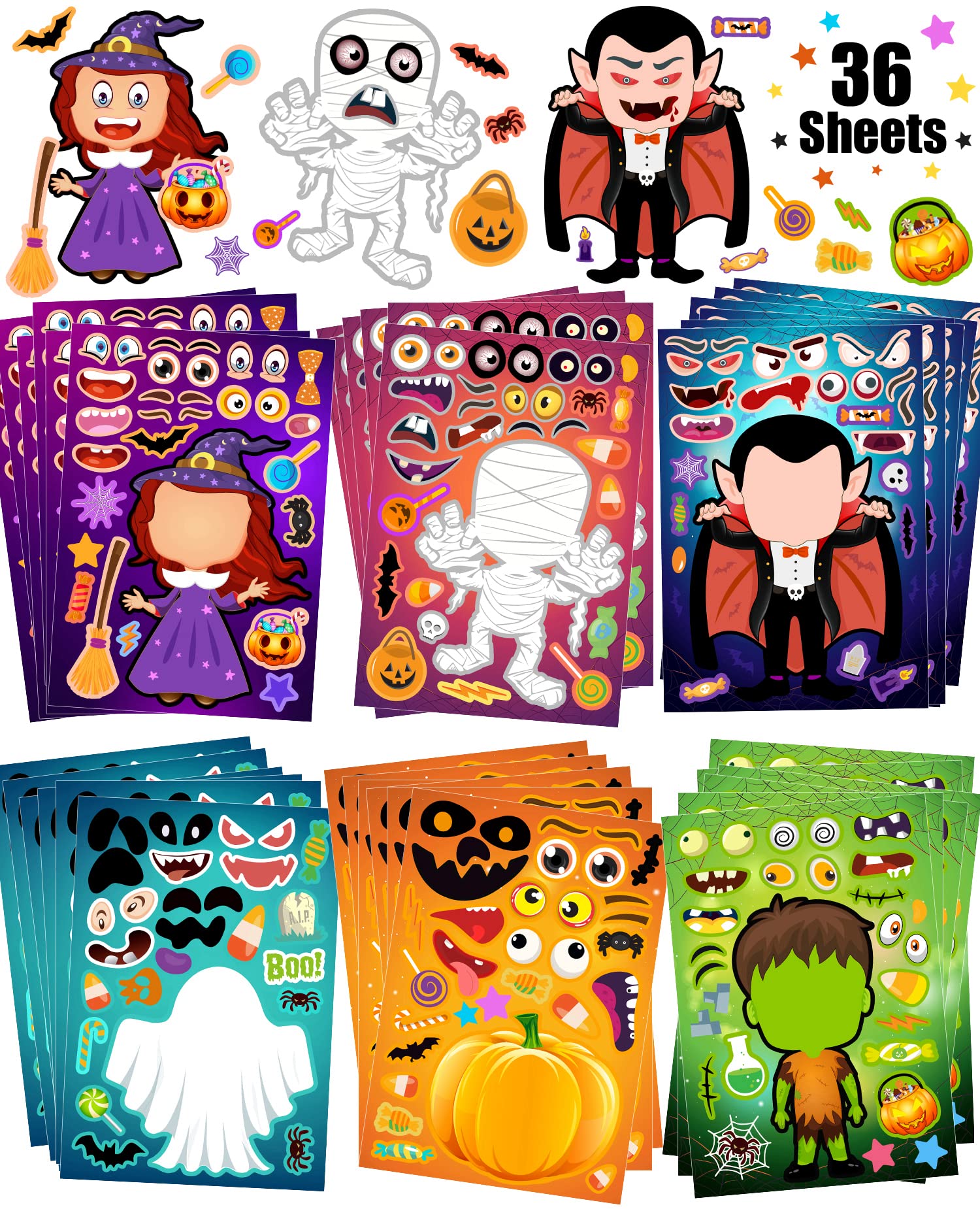 36 Sheets DIY Halloween Stickers for Kids - Halloween Party Games, Trick or Treat Party Favors & Supplies - Perfect for Classroom Activities, Pumpkin Decorating & Spooky Crafts