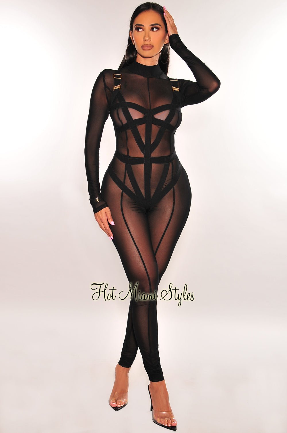 Black Mesh Strappy Bodysuit & Long Sleeve Jumpsuit 2-Piece Set - Sexy Lingerie for Women, Clubwear, Date Night Outfit, Halloween Costume