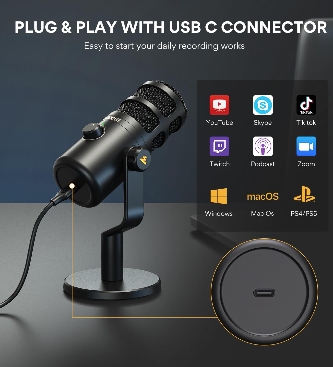 MAONO PD100U USB Dynamic Microphone for Podcasting & Streaming - Professional Cardioid Studio Mic with Gain Control, Plug & Play, Metal Build & Noise Isolation - Perfect for Home Studio, Gaming, YouTube & Voice Recording