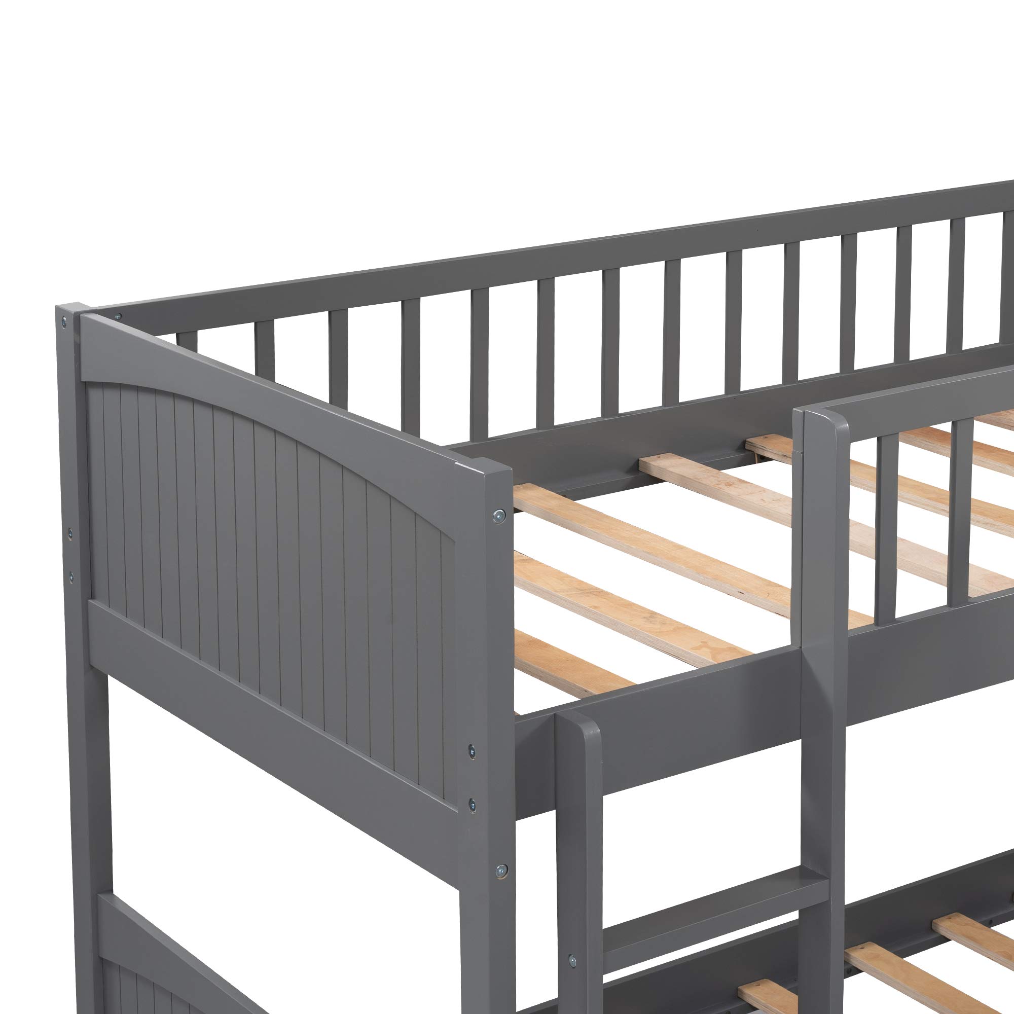 SOFTSEA Solid Wood L-Shaped Corner Bunk Bed for 3 Kids - Twin Over Twin Triple Bunk Bed with 2 Drawers & Loft Bed, Space-Saving Kids Bedroom Furniture (Gray) - Perfect for Small Rooms, Shared Kids Bedrooms & Vacation Homes