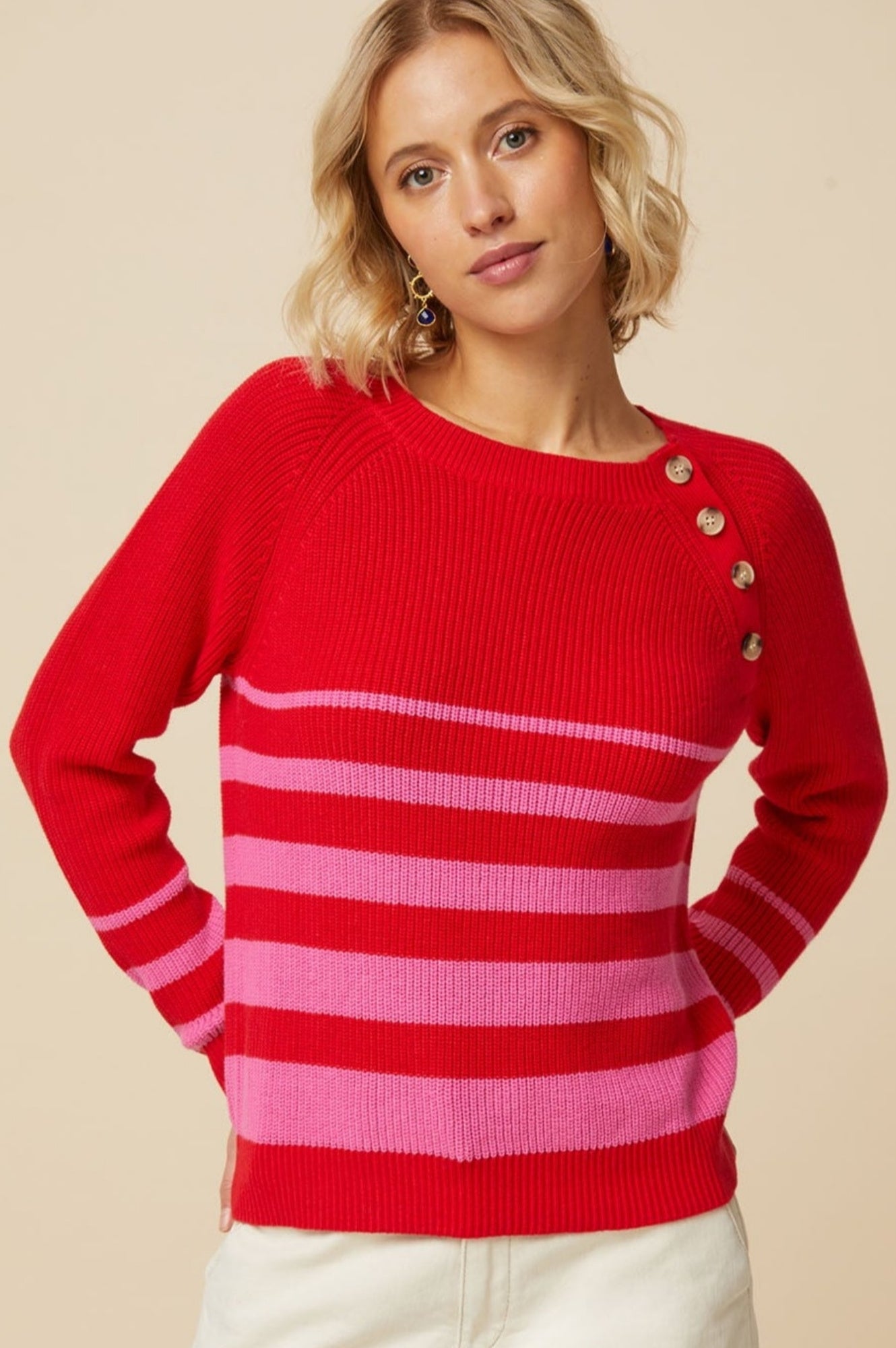 Rhia Striped Jumper Sweater - Red and Pink Knit Pullover for Women | Cozy Winter Fashion, Casual Outfits, Office Wear & Holiday Style