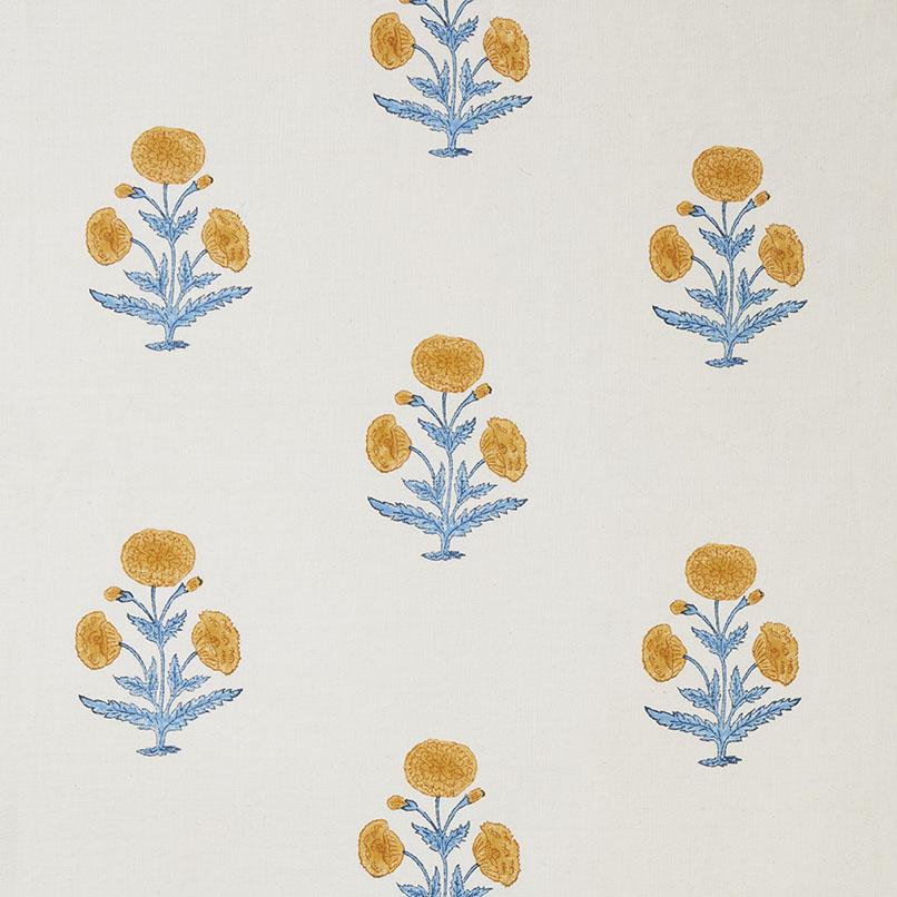 Handmade Poppy Block Printed Linen Fabric - Mustard & Sky Blue - Perfect for Boho Home Decor, DIY Crafts & Fashion Sewing Projects