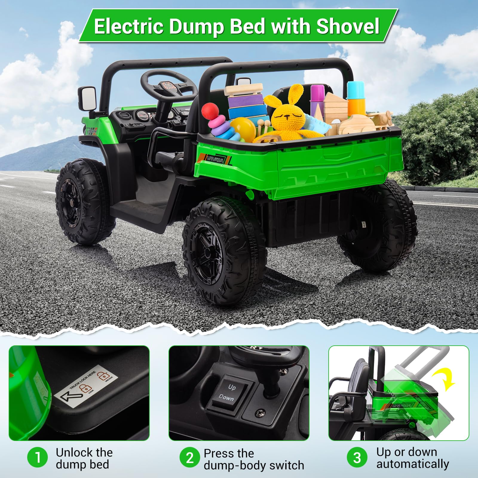 Hetoy 24V 2 Seater Electric Ride On Dump Truck with Remote Control - 4WD Battery Powered UTV Toy Car for Kids, Includes Shovel, Music, Bluetooth & LED Headlights - Perfect Outdoor Play Vehicle for Boys & Girls (Green)