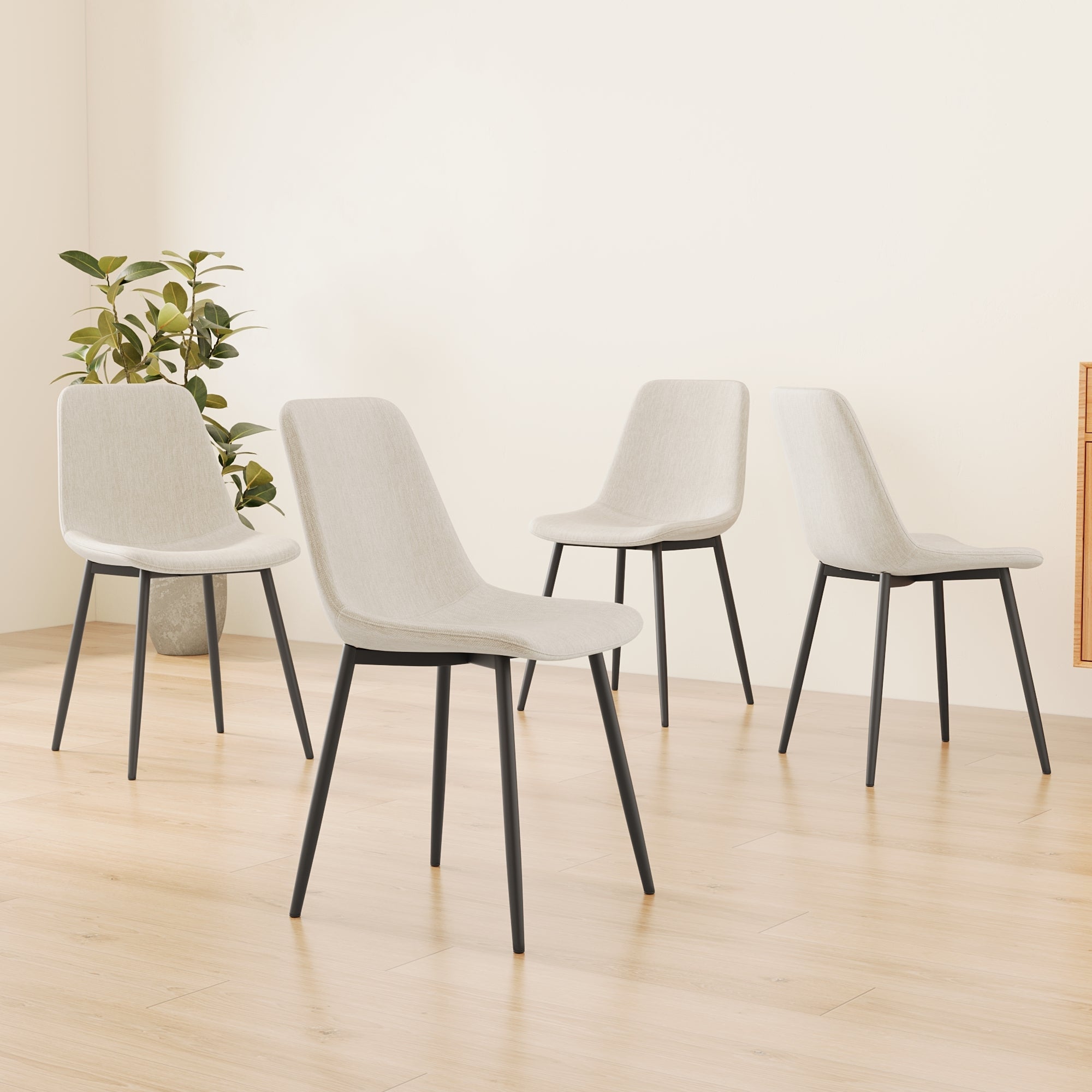 Modern Kitchen Dining Chairs Set of 4 - Linen Padded Seats with Sturdy Black Metal Legs (Beige) - Perfect for Home, Office, Restaurant & Cafe Use