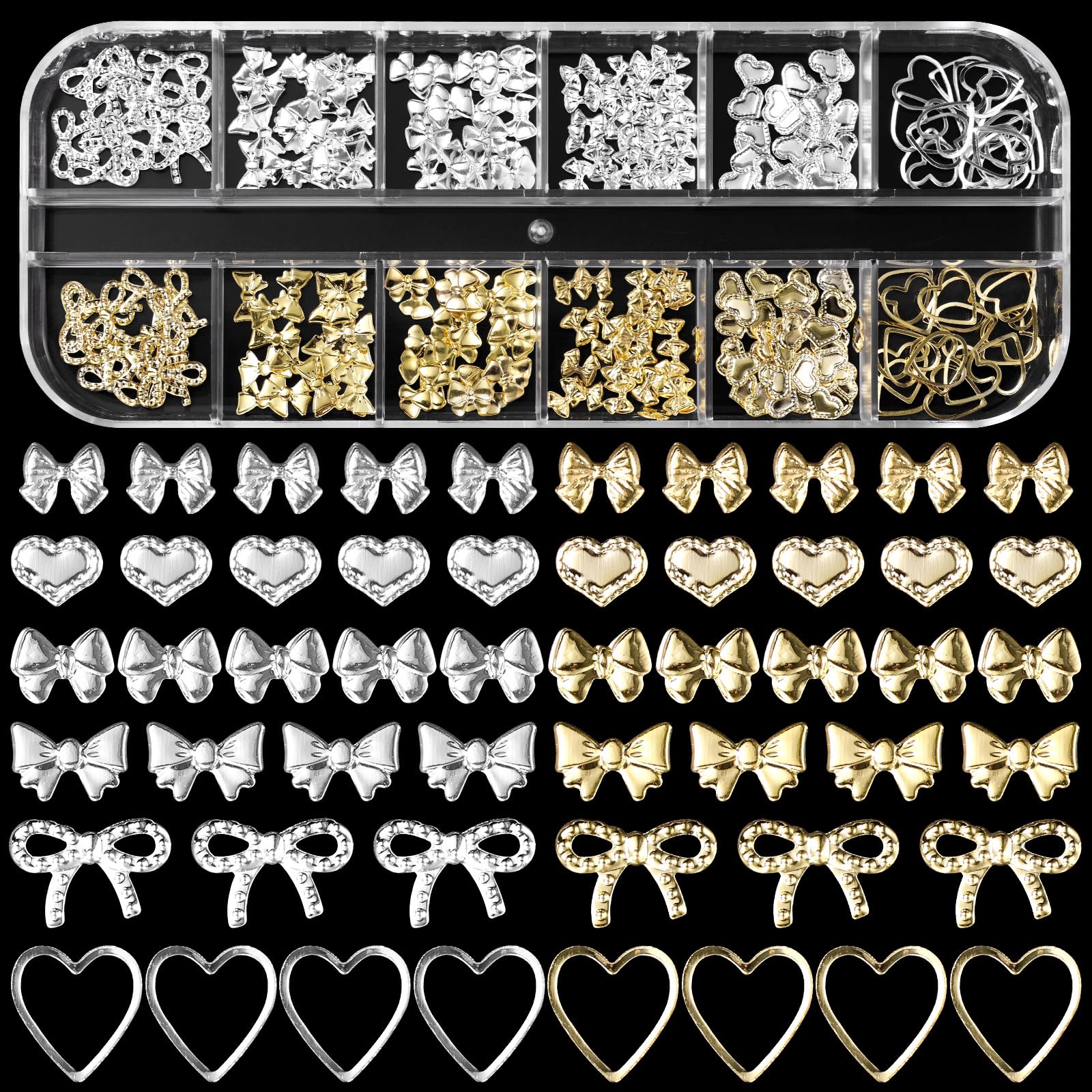 Gold Silver Bow & Heart Nail Charms - Hollow Bowknot Metal Rivet Nail Art Studs for DIY Decoration - Perfect for Nail Art, Manicures, and Creative Nail Designs (100pcs)