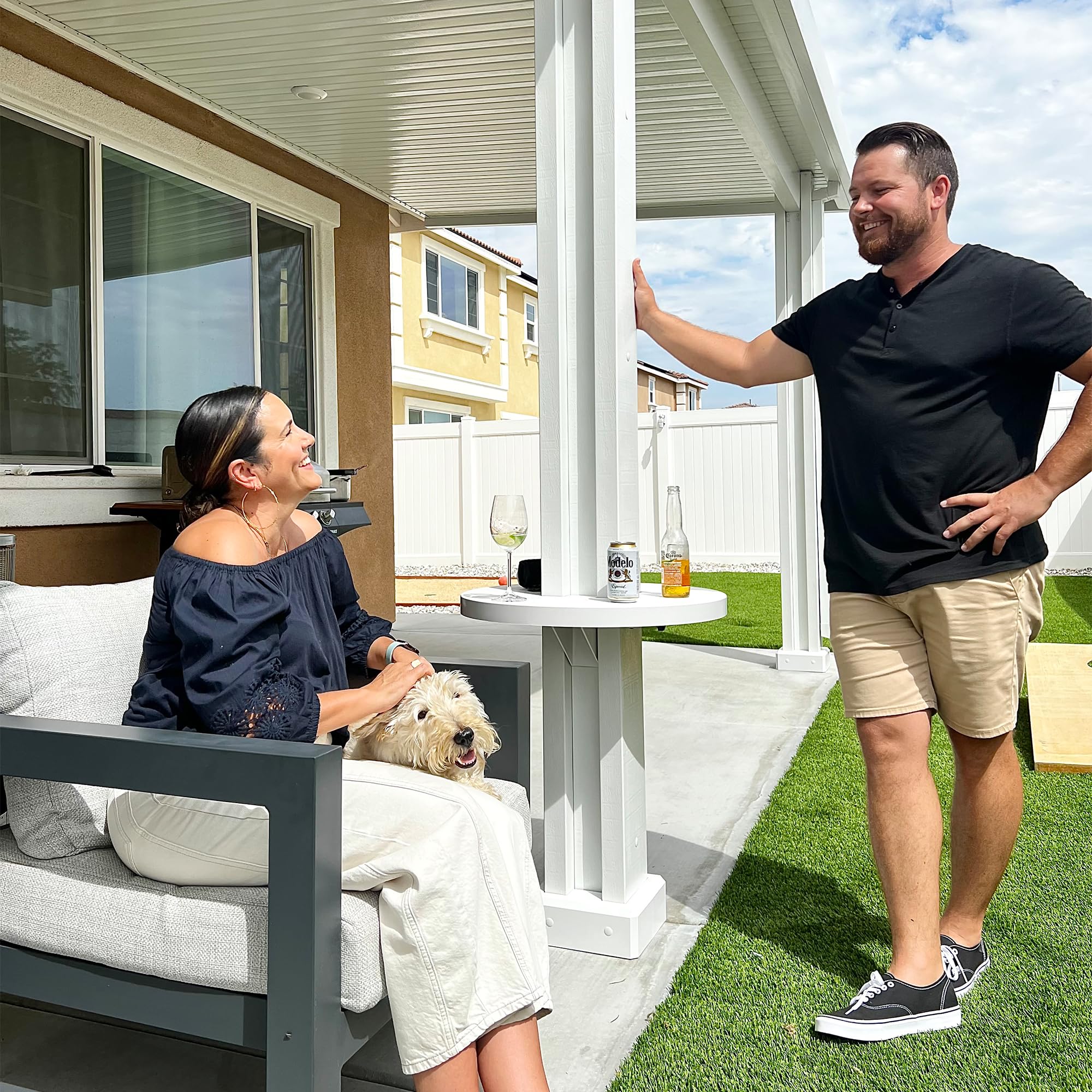 ALUMATABLE™ White Alumawood Patio Cover Post Table - Outdoor Dining & Entertaining Furniture for Backyard, Deck, and Garden