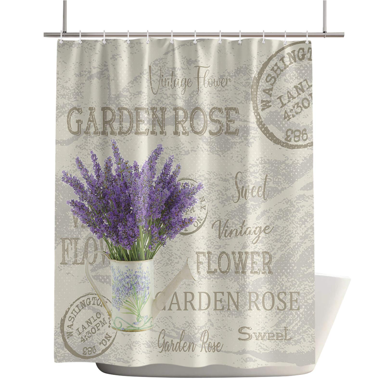 Purple Lavender Watering Can Bathroom Shower Curtain Set with Hooks - 66x72 Inch Waterproof Polyester Fabric Bath Curtain for Tub - Machine Washable Retro Postcard Design - Perfect for Vintage Style Bathrooms & Farmhouse Decor