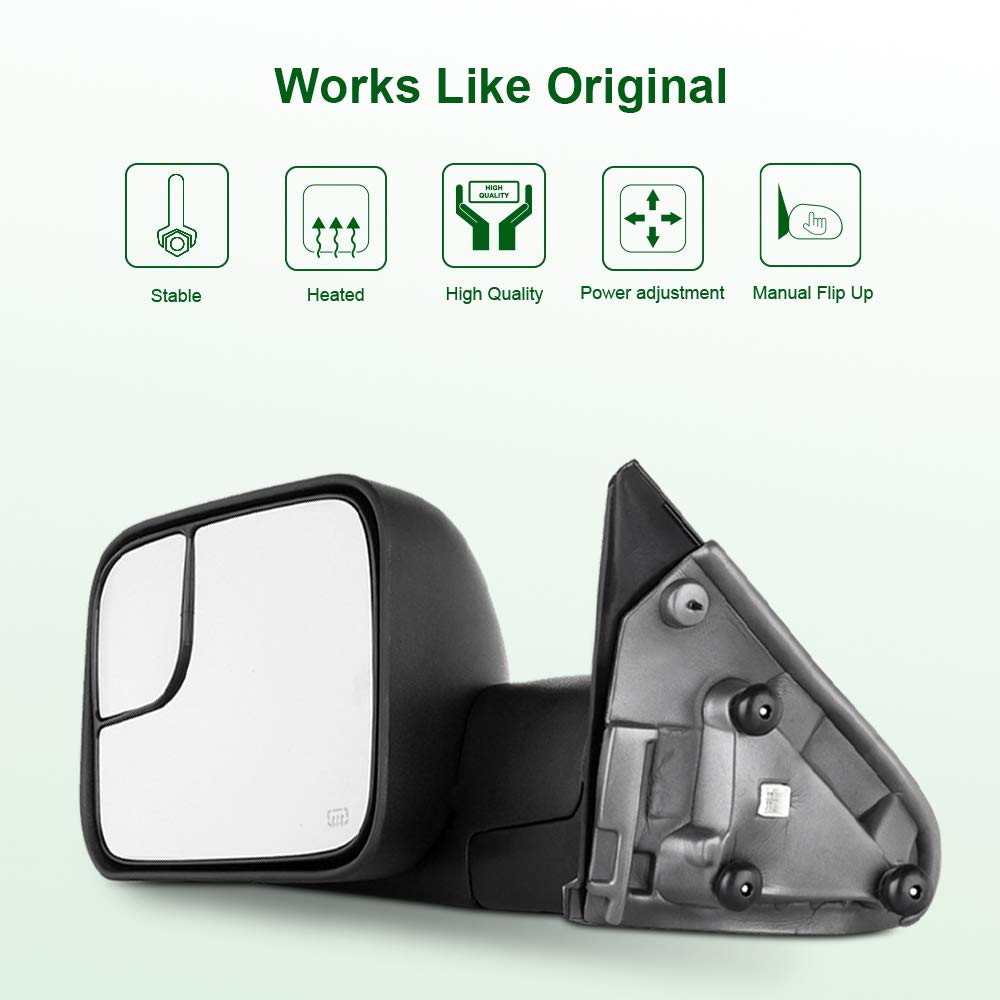 Heavy Duty Towing Mirrors for Dodge Ram 1500 (2002-2008) & Ram 2500/3500 (2003-2009) - Power Heated Textured Manual Flip Up Mirrors for Driver & Passenger Side - Perfect for Towing Trailers, Boats & RVs