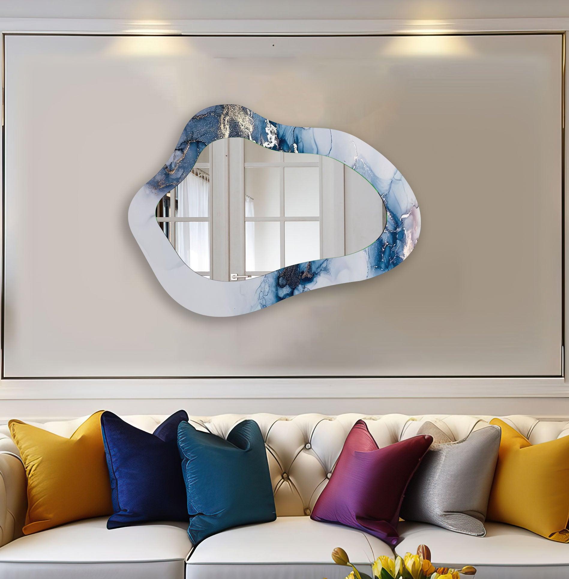Blue Alcohol Ink Irregular Shaped Wall Mirror - Unique Handmade Decorative Mirror for Living Room, Bedroom, or Bathroom