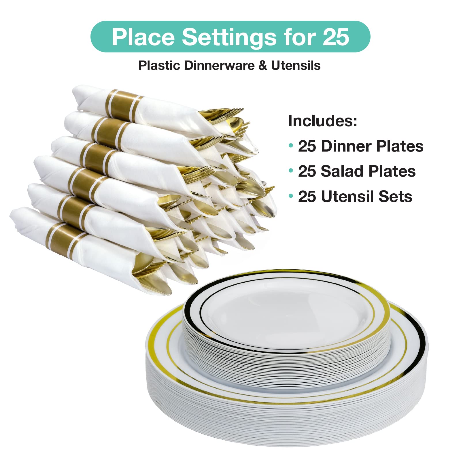 Premium Pre-Wrapped Cutlery Set - 25 Sets of Fork, Knife & Spoon with Napkins - Includes 25 Small & Large Gold Plates - Perfect for Weddings, Parties & Catering Events