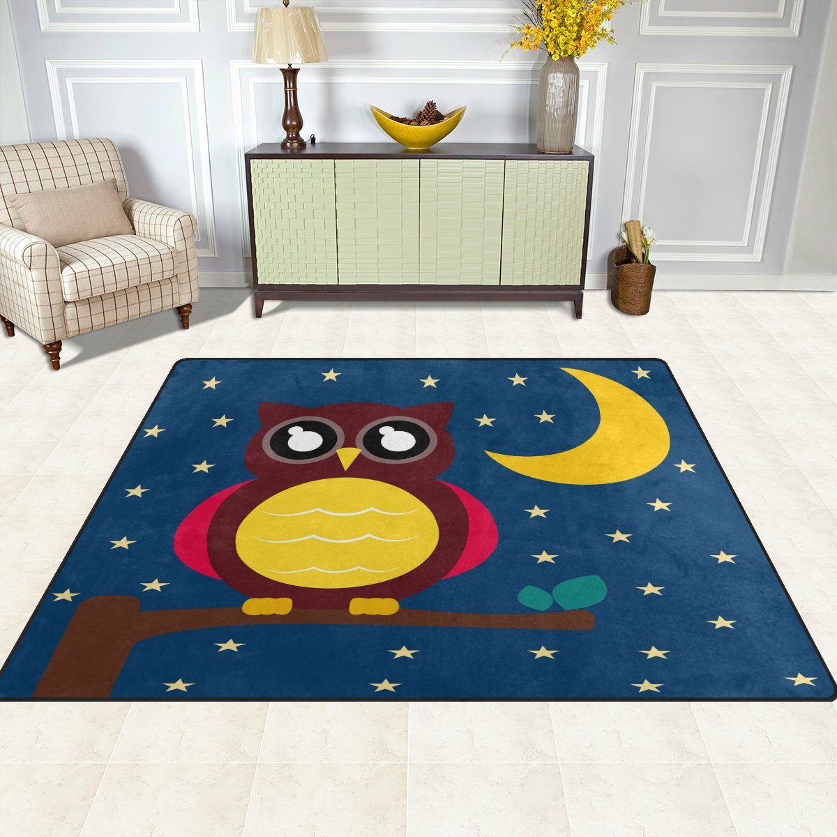 ALAZA Cartoon Owl Moon Star Night Sky Area Rug - Soft Non-Slip 5'3