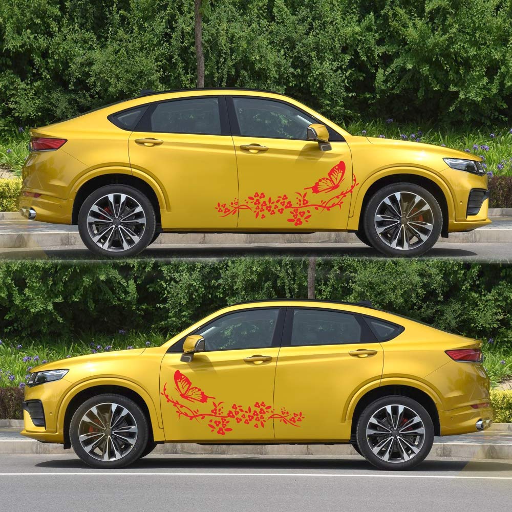 Butterfly Flower Car Stickers - Red Vinyl Decals for Both Car Body Sides | Waterproof & UV Resistant | Perfect for Personalizing Your Vehicle, Truck, or SUV