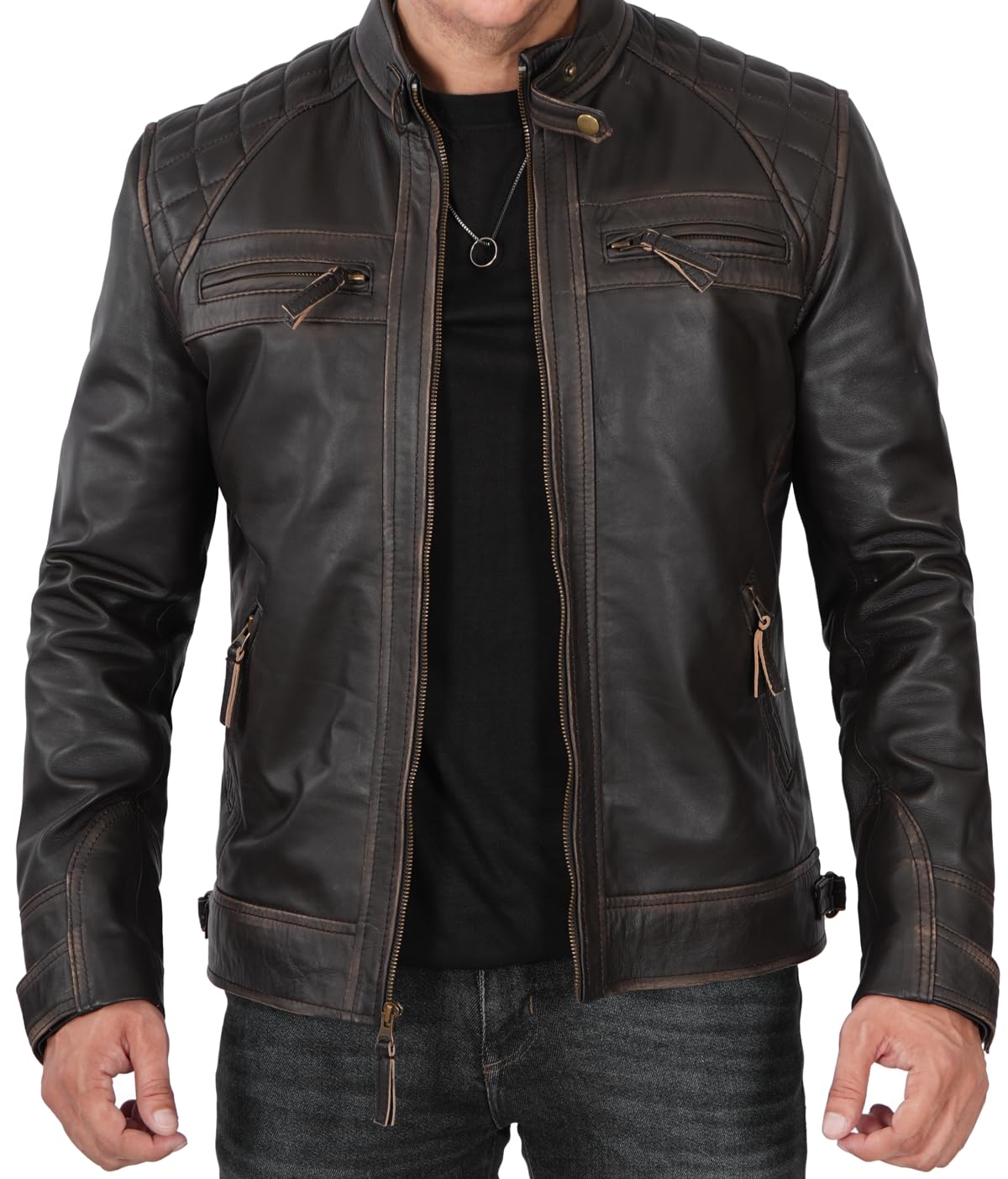 Blingsoul Men's Motorcycle Leather Jacket - Quilted Cafe Racer Biker Jacket for Men | Perfect for Riding, Casual Wear & Outdoor Adventures