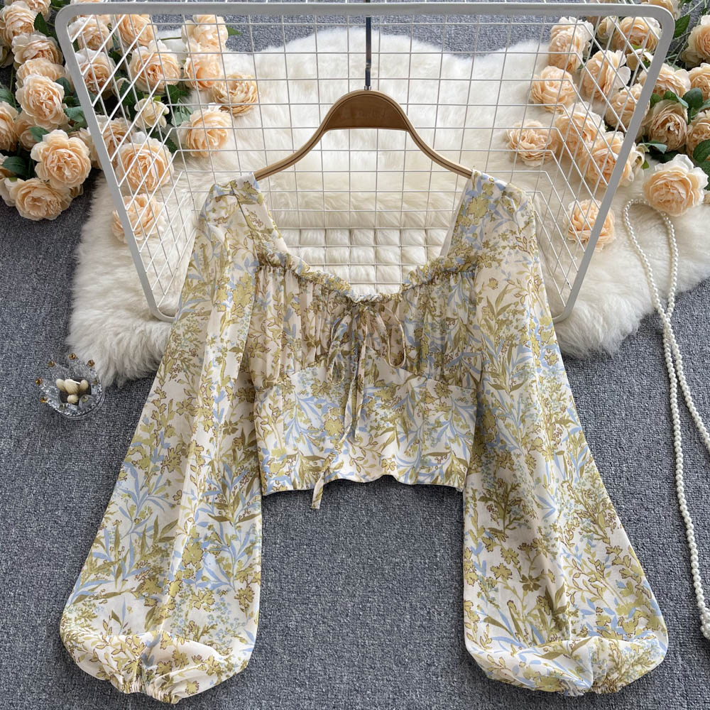 French Lantern Sleeve Floral Blouse - Cropped Square Neck Top 1055 | Boho Chic Summer Shirt for Women, Perfect for Beach Vacations & Date Nights