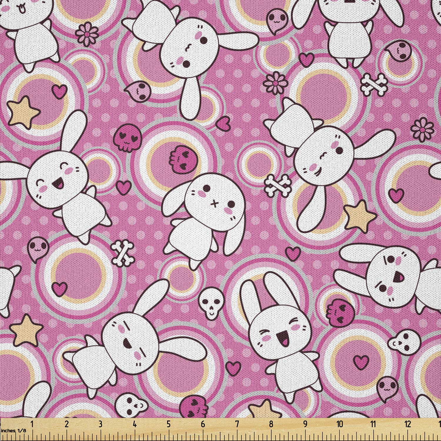 Ambesonne Anime Fabric by The Yard - Kawaii Rabbit Animal Print Microfiber Material for DIY Crafts, Sewing & Home Decor (10 Yards, White & Pink) | Perfect for Pillows, Curtains & Quilting Projects