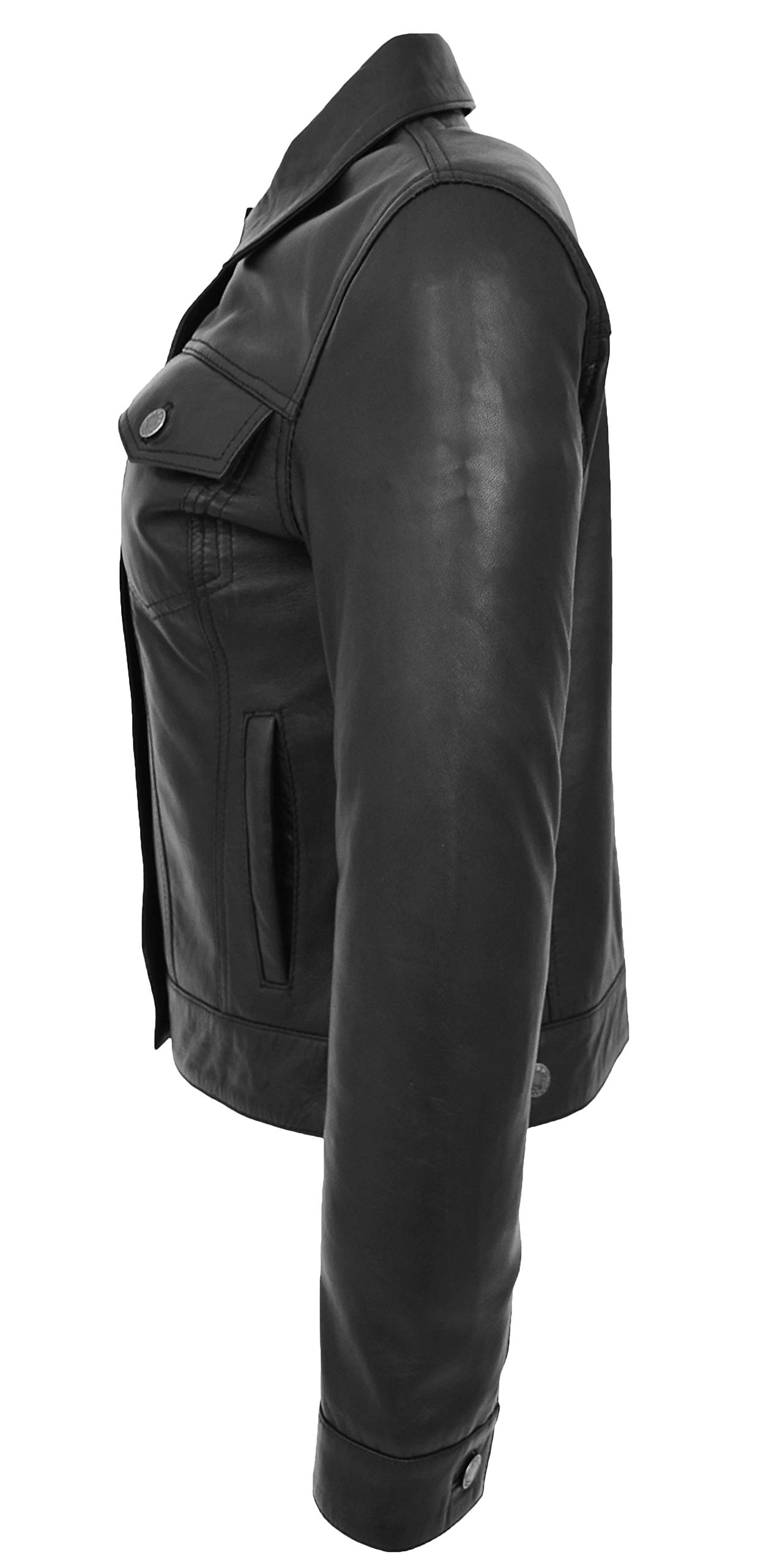 Women's Black Leather Trucker Jacket - Fitted Denim Biker Style Coat for American Girls | Perfect for Motorcycle Riding, Casual Outings & Night Out Fashion