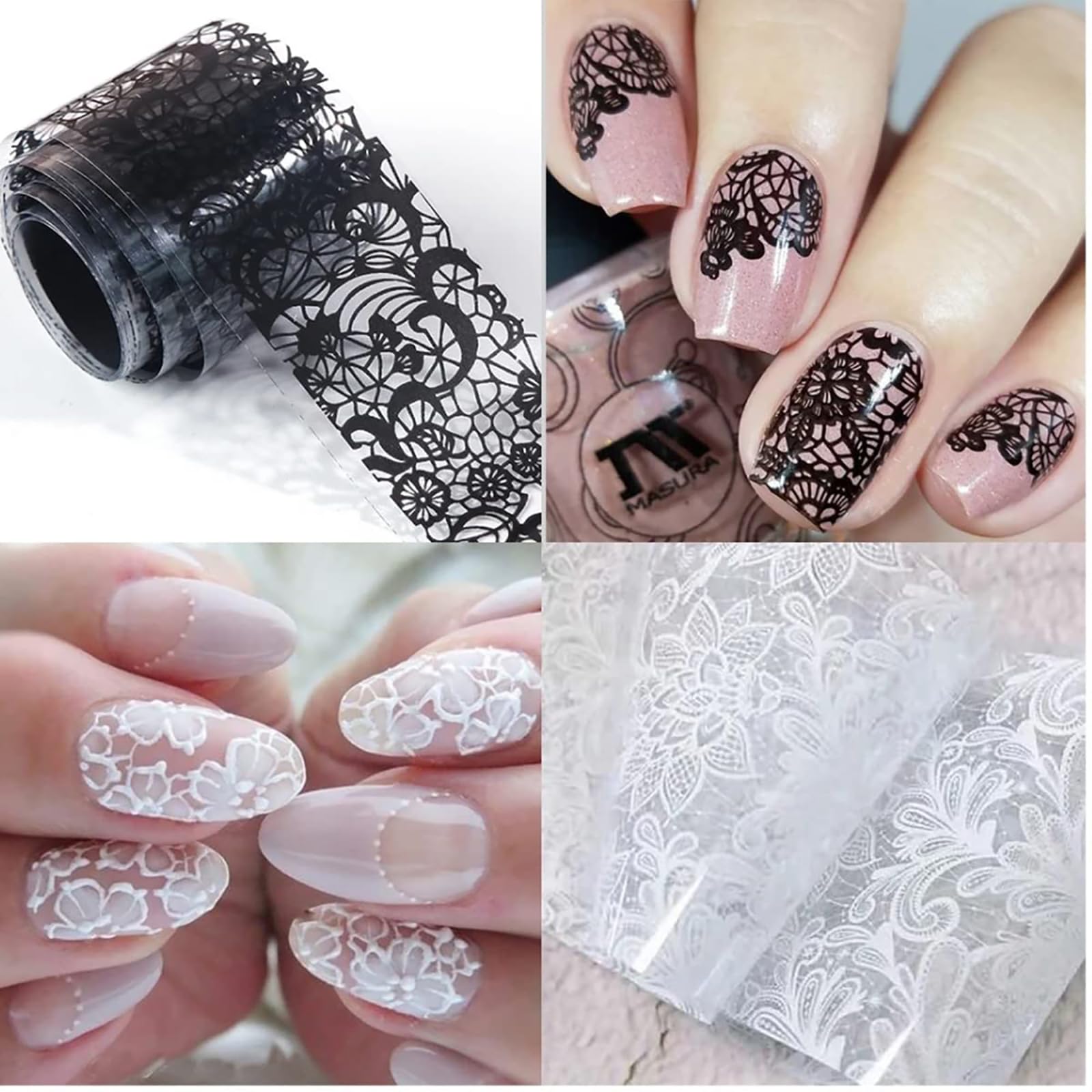 20 Rolls White & Black Holographic Lace Nail Foil Sheets - DIY Nail Art Transfer Foil for Manicure, Nail Stickers & Decals - Perfect for Salon, Home Nail Designs & Party Nail Decorations