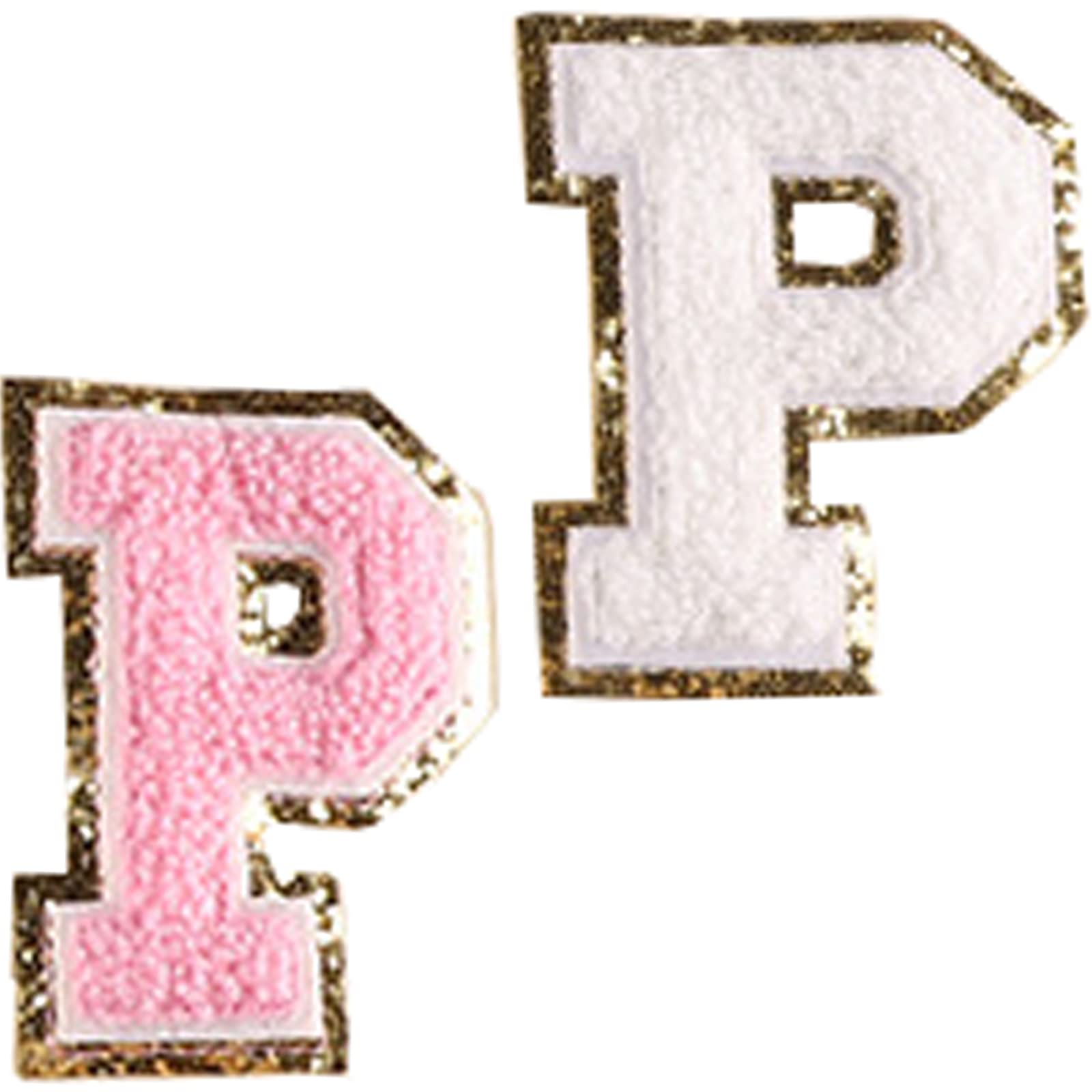 Custom Iron-On Letter Patches with Gold Glitter Border - Varsity Initial Embroidered Patches (Pink & White, 2-Pack) - Perfect for Jackets, Backpacks, Jeans & DIY Fashion Projects