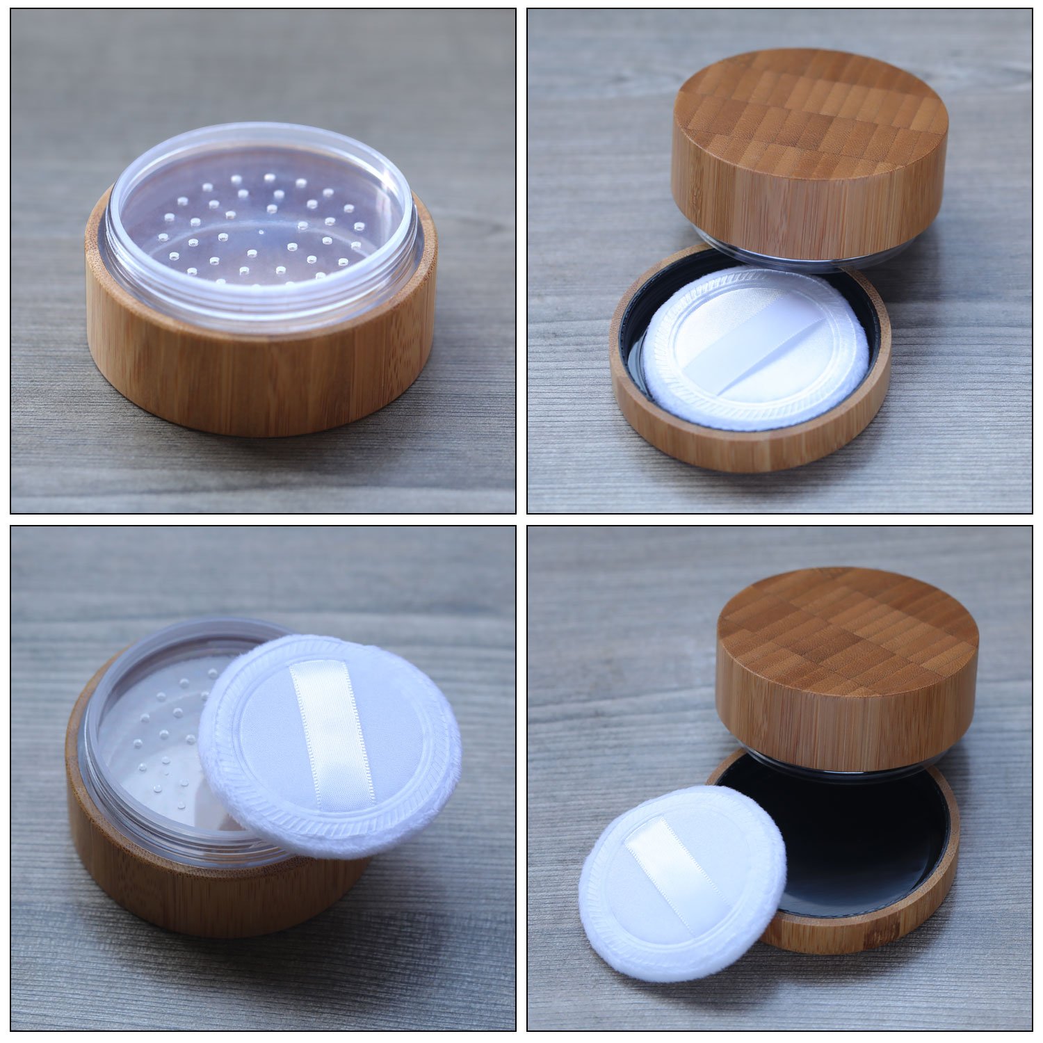 Frienda 30ml Empty Bamboo Loose Powder Container with Sifter Lid & Puff - Refillable Makeup Powder Case for Mineral Foundation, Setting Powder & Blush | Travel-Friendly Cosmetic Storage