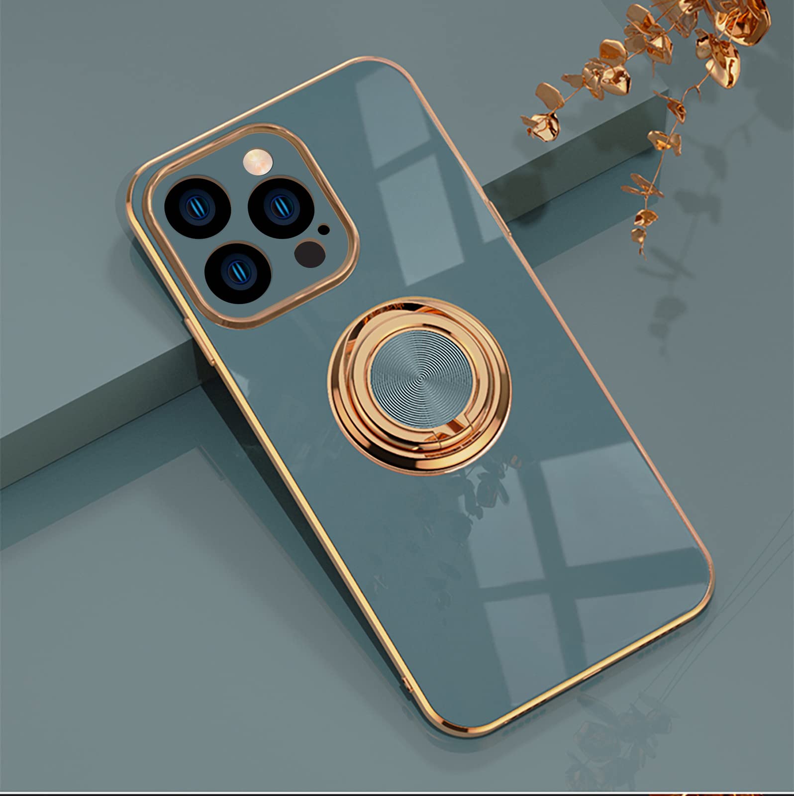 360° Rotating Magnetic Phone Holder for Car - EYZUTAK Electroplated Metal Ring Stand with Soft Silicone Case, Shockproof Cover Compatible with iPhone 13 Pro 6.1 inch (Gray) - Perfect for Hands-Free Navigation, Video Calls & Safe Driving