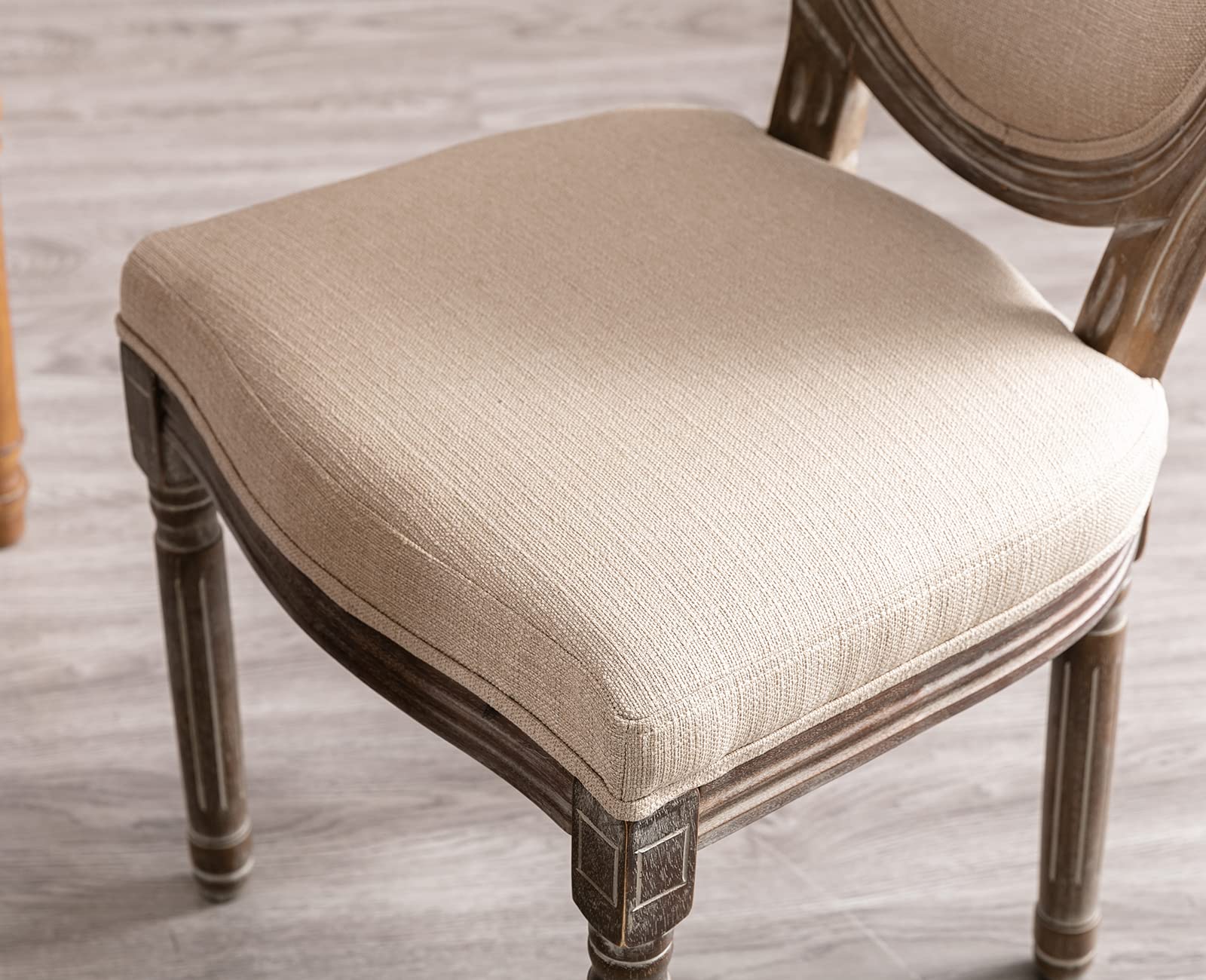 Kmax Farmhouse Dining Chairs Set of 2 - Brown Wooden Legs with Elegant Tufted Beige Fabric & Distressed Round Back - Perfect for Kitchen, Dining Room, Bedroom or French Country Decor