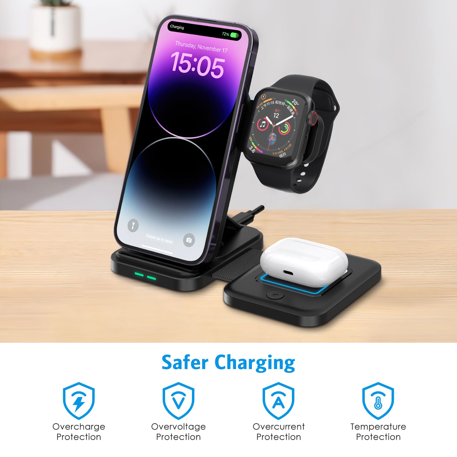 3 in 1 Foldable Wireless Charger with Magsafe - Portable Charging Station for iPhone 15/14/13/12, AirPods & Apple Watch | Fast Wireless Charger for Travel, Office & Nightstand Use