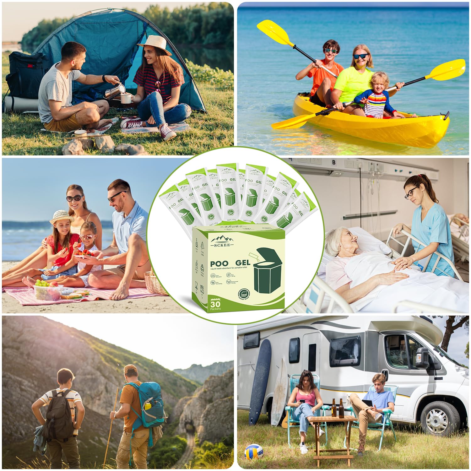 **Sckee 30 Packets Poo Gel for Portable Toilet | Biodegradable Waste Treatment Powder for Hiking, Camping, RV, Boating & Travel | Indoor & Outdoor Use – Ideal for Road Trips, Trucks & Emergency Kits**