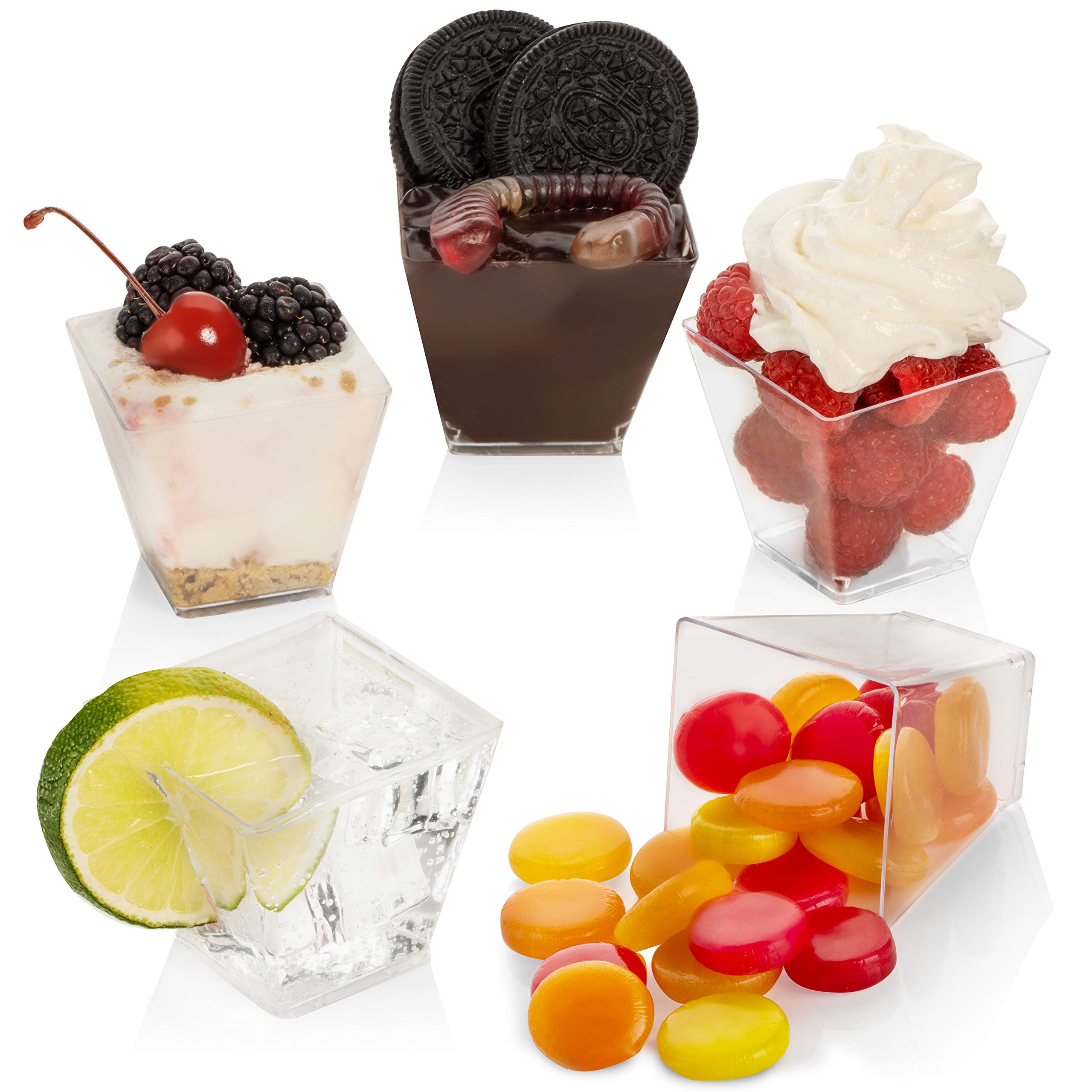 LSR LORESO 96-Pack 3.5 oz Clear Mini Square Plastic Dessert Cups - Reusable Small Appetizer Containers for Mousse, Pudding, Candy, Party Snacks - Perfect for Catering, Weddings, Baby Showers & Home Baking